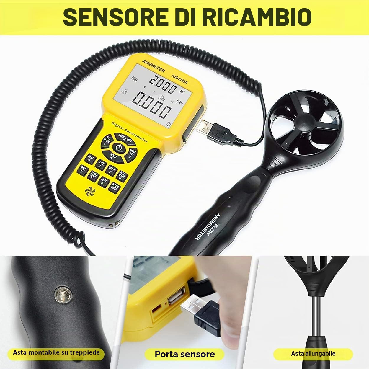 AIOMEST Anemometro Digitale Portatile CFM, Precisione +/-3% 1°C Misuratore di Velocità del Vento con Display LCD, MAX/MIN/AVG Modalità per Esterni, HAVC, Droni, Caccia, Pesca, AI-856A
