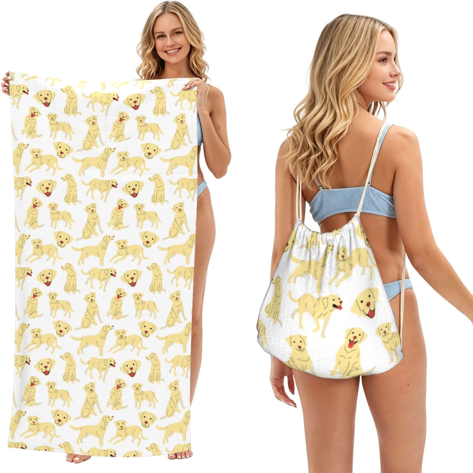 Poadnly As Picture Labrador Retriever, 2 In 1 Packable Towel Bag, Beach Towels With Drawstring Backpack For Travel Holiday Camping
