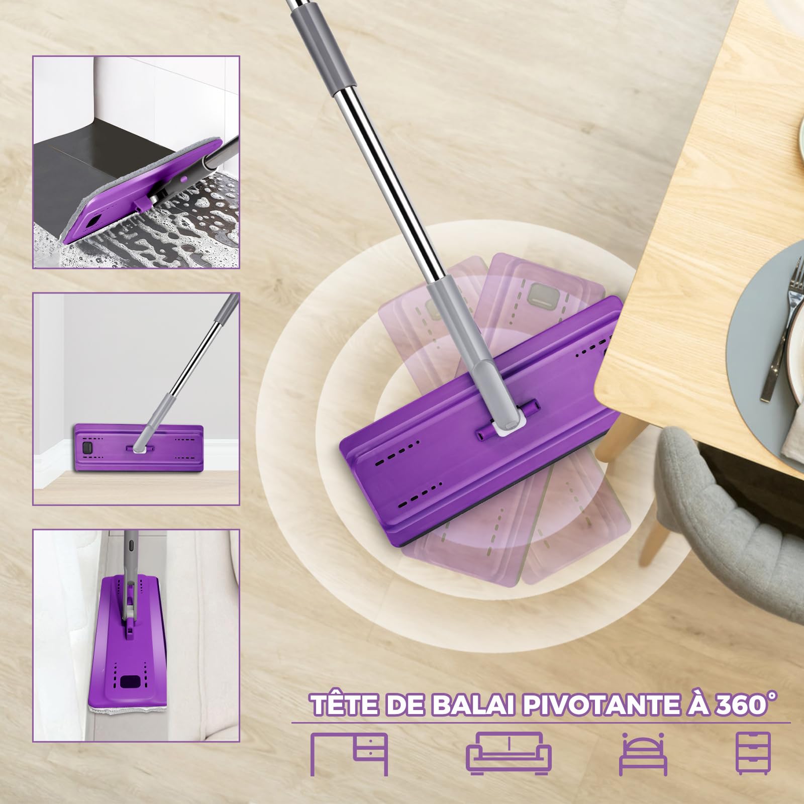 HEVOL Balai Serpillère Essoreur avec Seau, Balai Serpillère Autonettoyante avec 5 Tampons Réutilisables, Balai Plat Microfibre Rotative 360° pour Nettoyer Sol, Violet