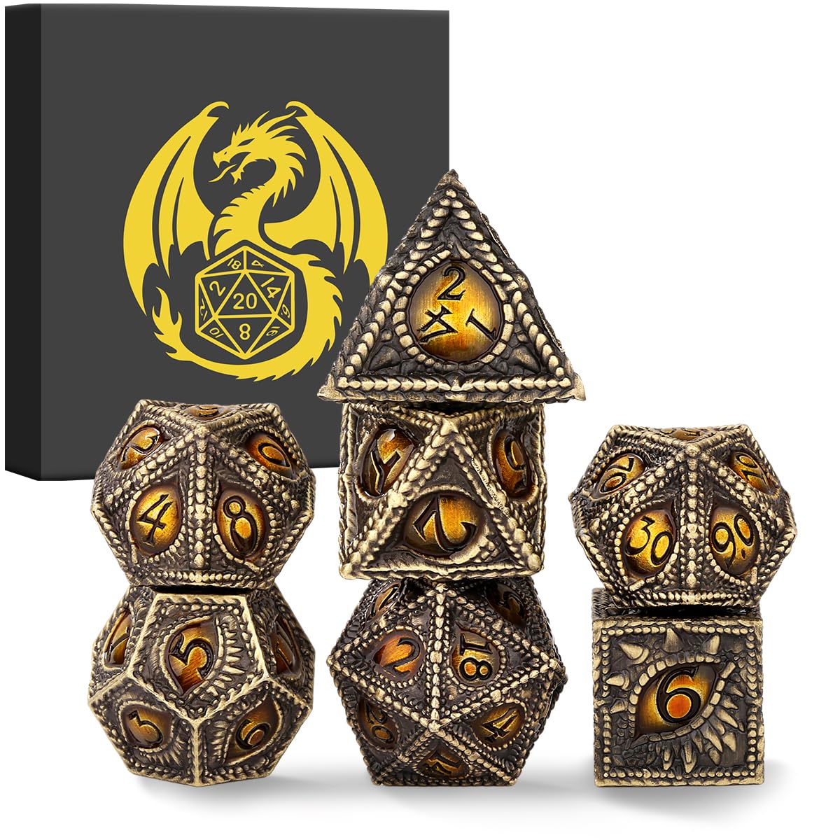 Metal Dice Set, Dragon Eye Theme, 7pcs Polyhedral Metal DND Dice Set, DND Starter Set, D&D Gifts with Gift Box, Role Playing Board Games Accessories, Bronze Amber