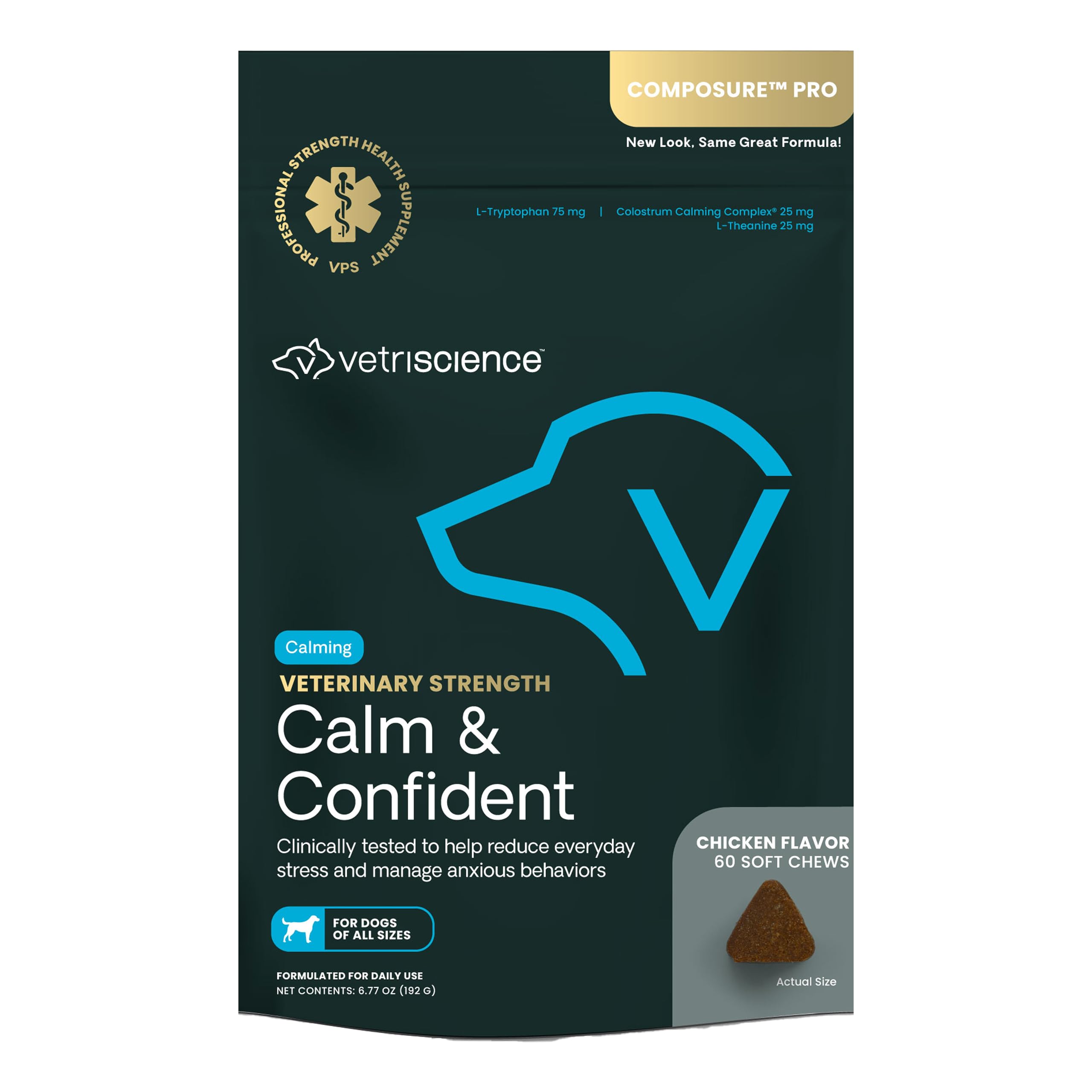 VetriScience Veterinary Strength Calm & Confident Chews - Stress Supplement for Pets - Supports Brain Function for Cats & Dogs - with L-Theanine, Thiamine & More - 60 Count