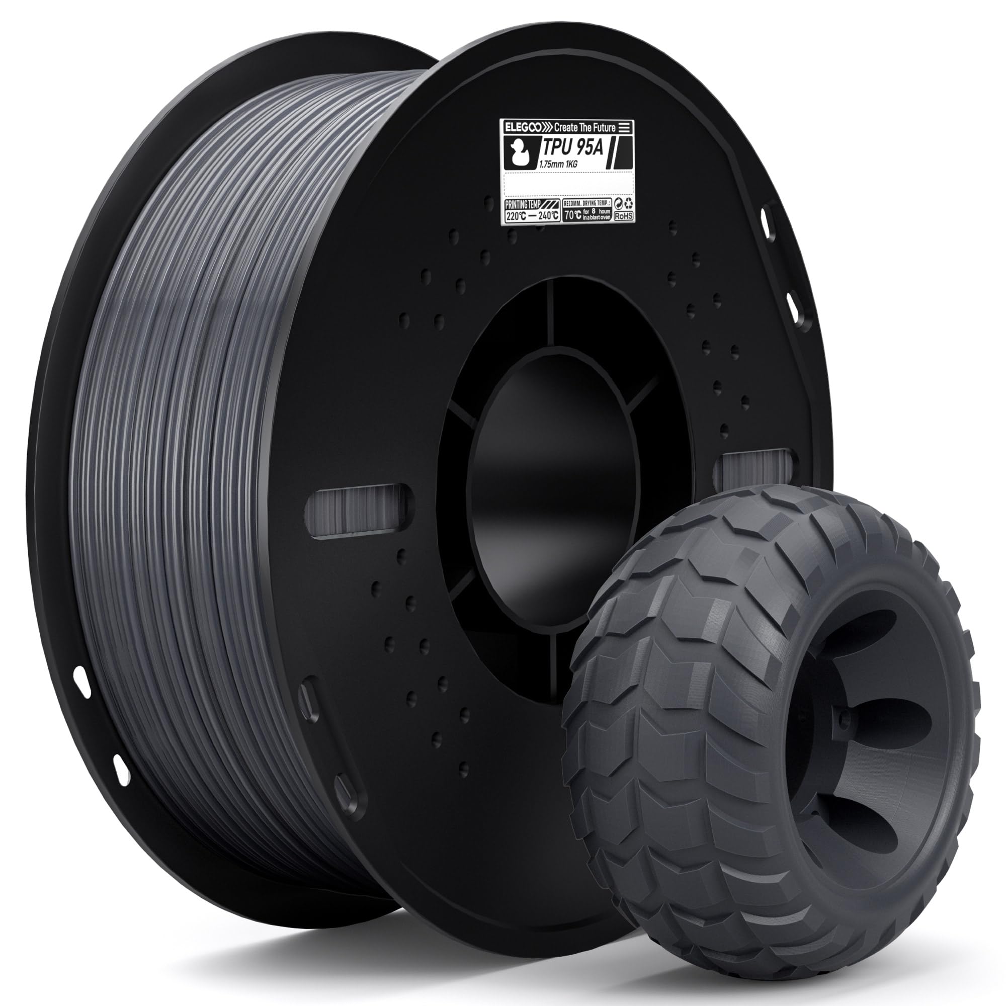 ELEGOO TPU 95A Filamento per Stampanti 3D 1,75 mm Grigio 1KG, TPU Filamento Flessibile Morbido per Stampa 3D, Bobina da 1kg Compatibile con la Maggior Parte delle Stampanti 3D FDM