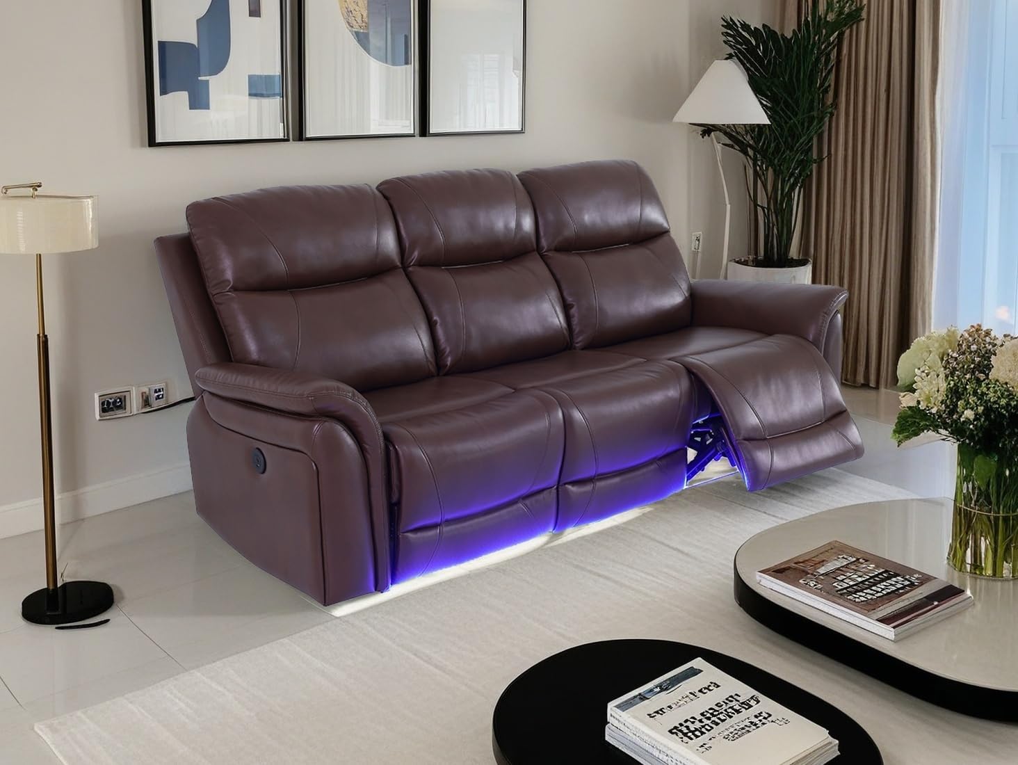 Living Room Sofa Set Breathing Leather Recliner Couch Set Reclining Sofa with Flip-Down Table for Living Room/Apartment/Home/Office (Reddish Brown, Sofa)
