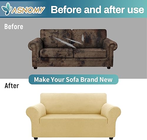 Vista 128 de Asnomy Couch Covers for 3 Cushion Couch Stretch Sofa Covers Slipcovers, Pet Protector Furniture Covers for Dogs Cats Spandex Jacquard Fabric Small