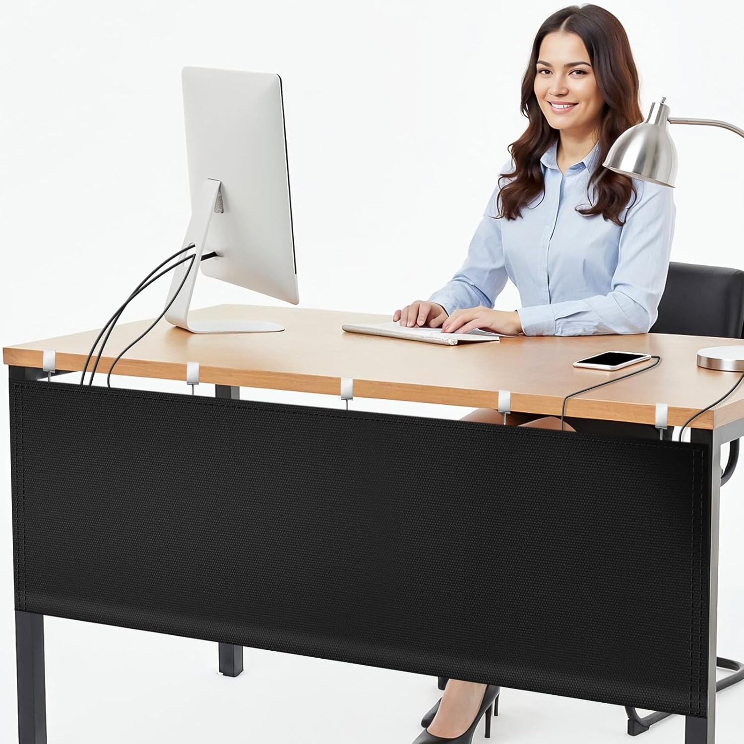 UNIFAMILY 2 in 1 No Drill Under Desk Privacy Panel with Cable Management Organizer Sleeve, 60 IN Oxford 600D Modesty Desk Panel with Cord Organizer, Desks Skirt for Home Office or Standing Workstation