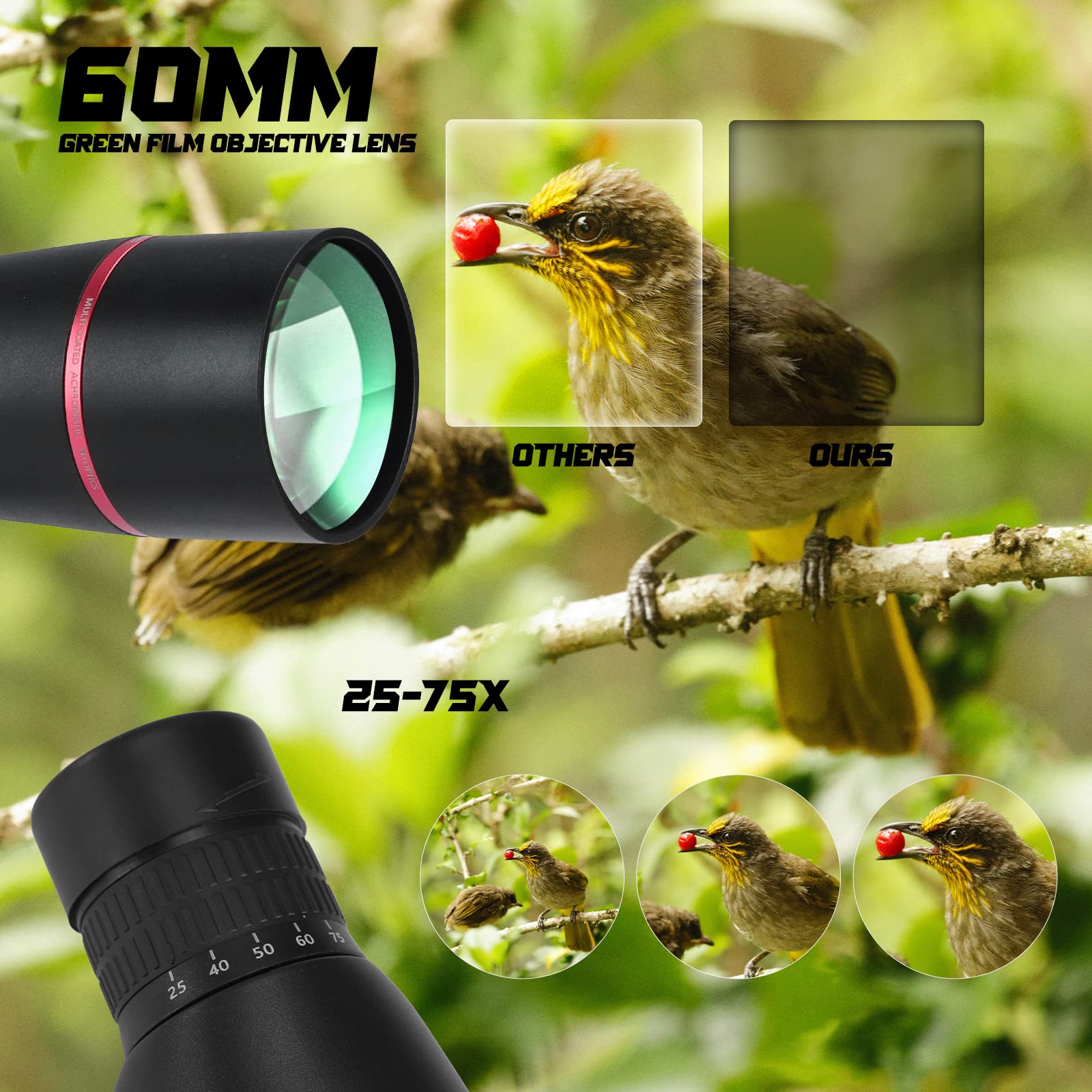 Cannocchiale, Telescopio Ultra HD 25-75X60, doppia messa a fuoco ED, impermeabile Cannocchiale FMC Lens-BAK4 Prism con custodia per il trasporto Treppiede per il tiro al bersaglio Caccia Bird Watching
