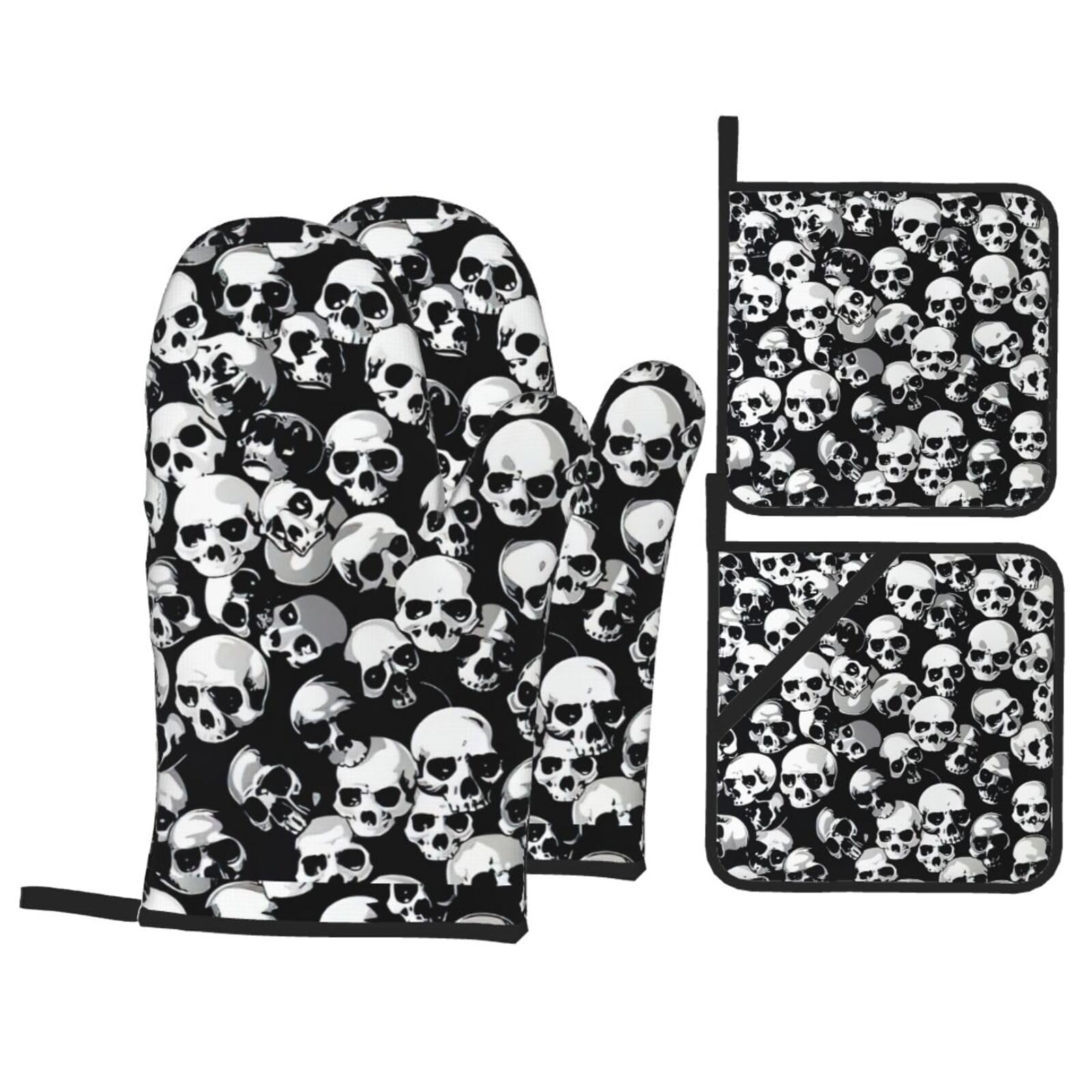 Black Skull Print Kitchen Oven Mitts And Pot Holders Set,Hanging Loop Design For Cooking Baking Bbq