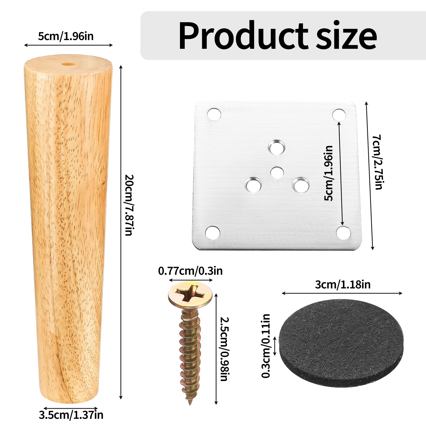 4 PiezasPatas para Muebles de Madera, 20 cm Patas Muebles Sofás, Patas de Mesa de Madera Cónicas para Mueble Mesa Gabinete Cama Mesitas Sillas Armarios Cónicas, con Accesorios