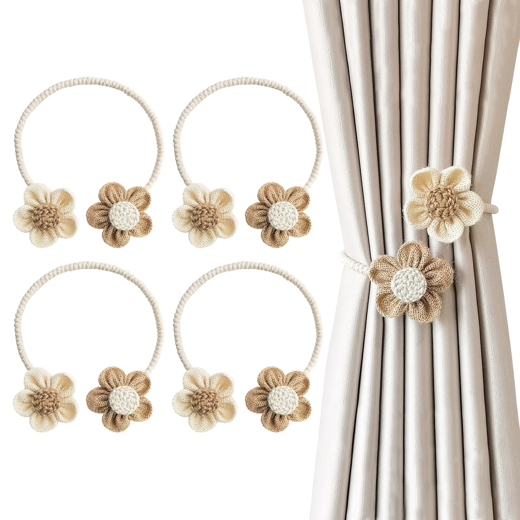 MAKNGRID Decor Khaki Nursery Natural Floral Drapes Curtains (Mica Sunflower Girls Window | Cotton No-Drill Accessories Room | Boho & Cream Curtain for Holdbacks Shower Color) 4Pcs & & Tiebacks, |