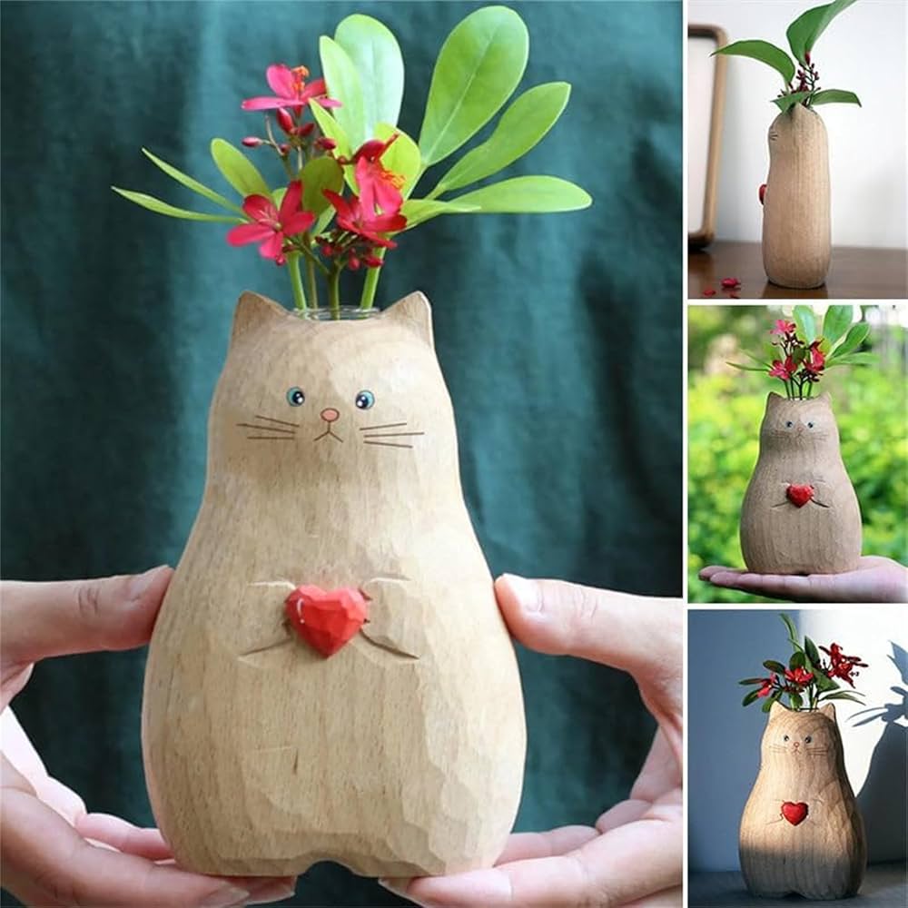 Amazon.co.jp: 手作りの木製猫花瓶、無垢材猫像花瓶、モダンで