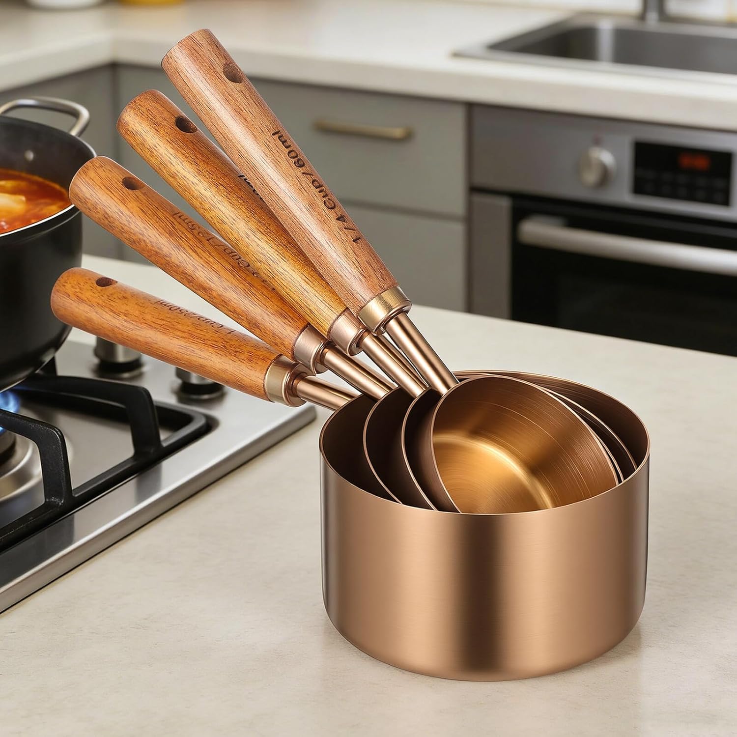 8pcs Stainless Steel Measuring Cups and Coffee Spoons Set with Rose Gold Handles, Reusable Kitchen Measuring Tools for Baking and Cooking