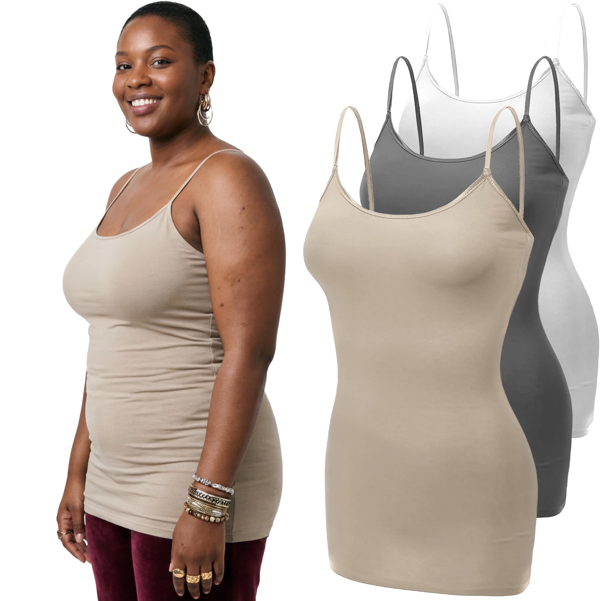 Emmalise Women's Basic Casual Long Camisole Adjustable Strap Cami Layering Top