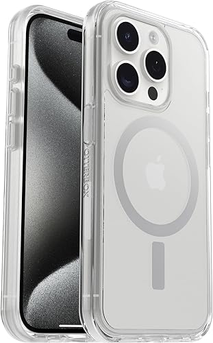 OtterBox Funda transparente para iPhone 15 Pro (solamente) de la serie Symmetry - (transparente), se ajusta a MagSafe, ultra suave, bordes elevados