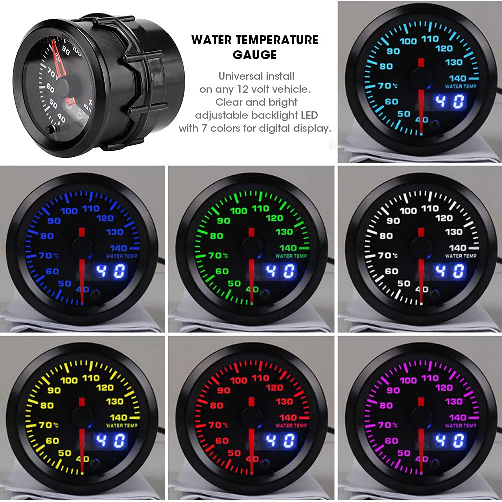 Misuratore della temperatura dell'acqua da 52 mm e 2 pollici con sensore per veicoli a 12 Volt, display a LED a 7 colori, indicatore digitale della temperatura dell'acqua,
