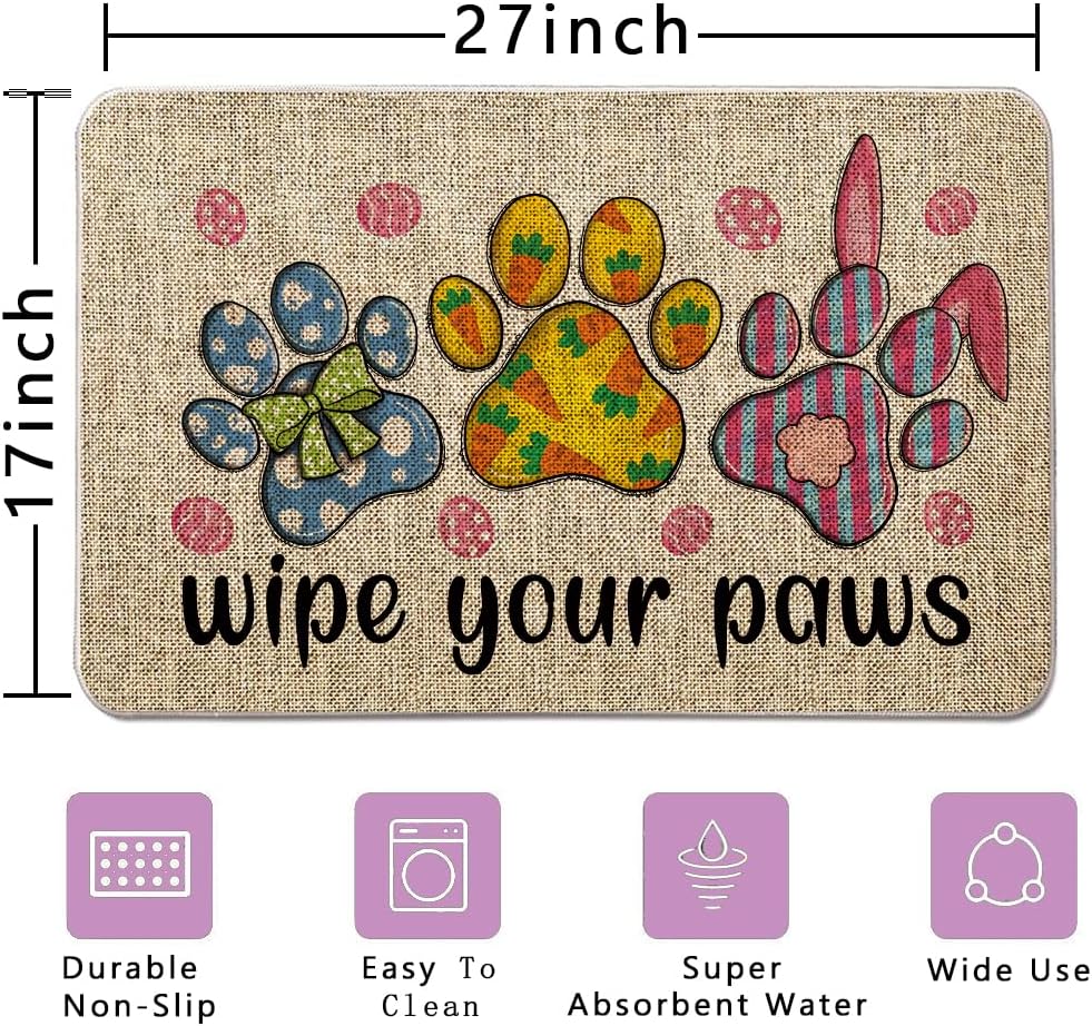 Easter Door Mat Outdoor Wipe Your Paws Easter Bunny Welcome Doormats Decorative Entrance Rug 17 x 27 Inch Farmhouse Home Floor Front Door Mat