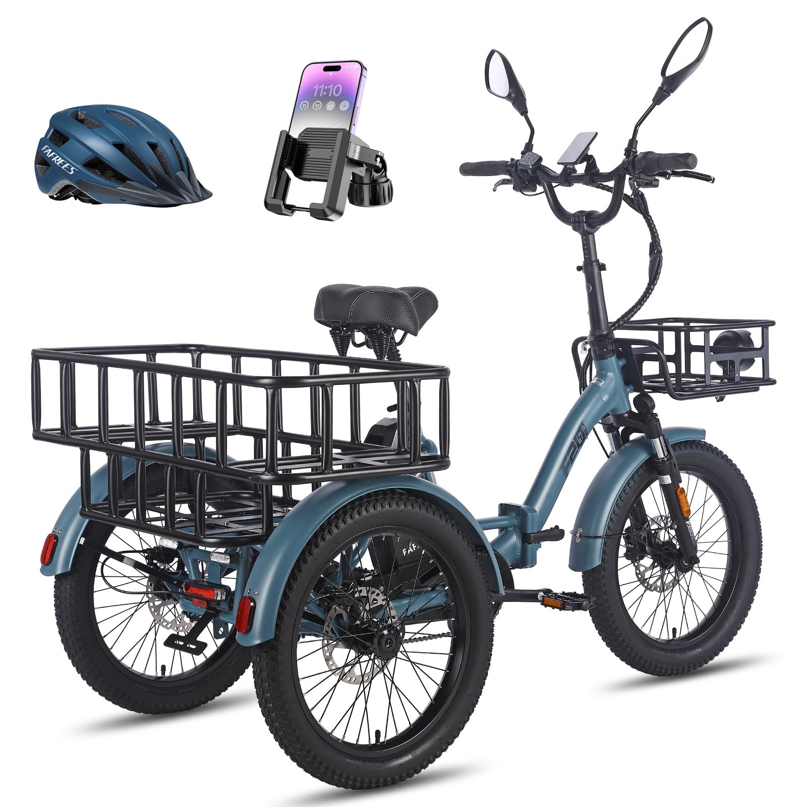 Fafrees F20 MATE - Triciclo Elettrico per Adulti Pieghevole con 75km Autonomia, Motore 65N.m e Freni Idraulici - Bici Elettrica 3 Ruote per Uomo Donna (BLU+post.allarg+cest.ant)