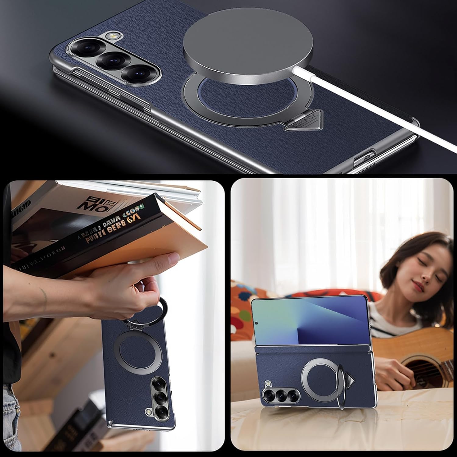 for Samsung Galaxy Z Fold 7 Case with Ring Stand, [ONLY Back Case] Genuine Leather Magnetic Case Compatible Magnetic Accessorie Hinge Protector Cover Slim Leather Back Cover for Z Fold 7 Blue