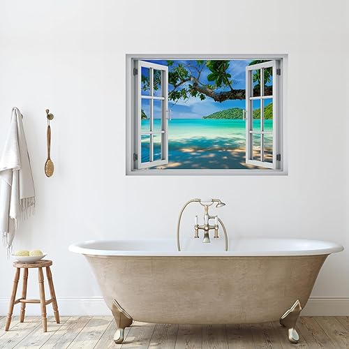 wall26 Adhesivo removible de paredmural de pared, vista de ventana, azul neón, verde azulado, océano, mar, playa, orilla, horizonte, naturaleza,