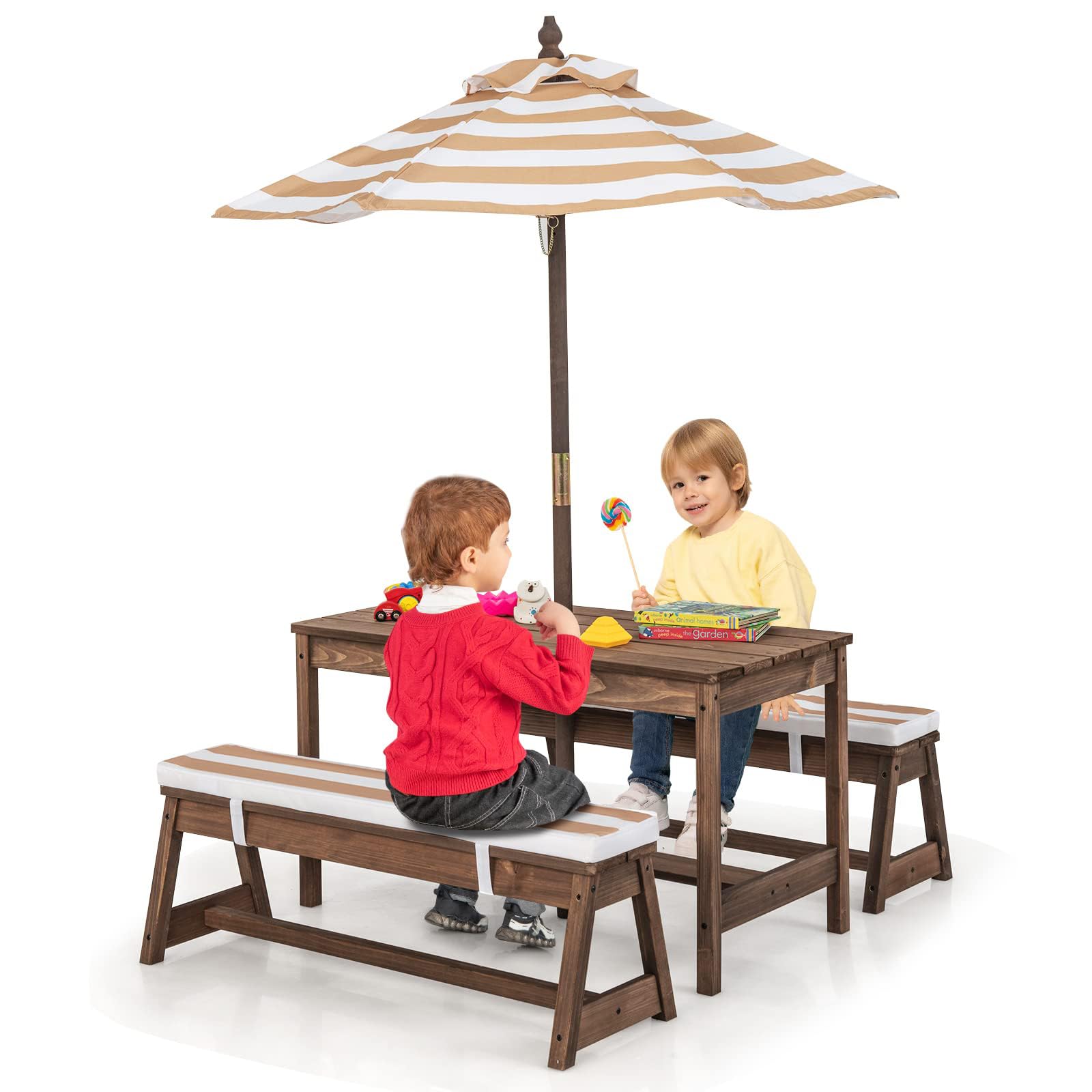 DREAMADE Kindersitzgruppe mit Sonnenschirm, Kinderpicknictisch mit 2 Bänke, Gartenmöbel für Kinder aus Tannenholz, Kinder Sitzbank für Outdoor & Indoor (Braun)