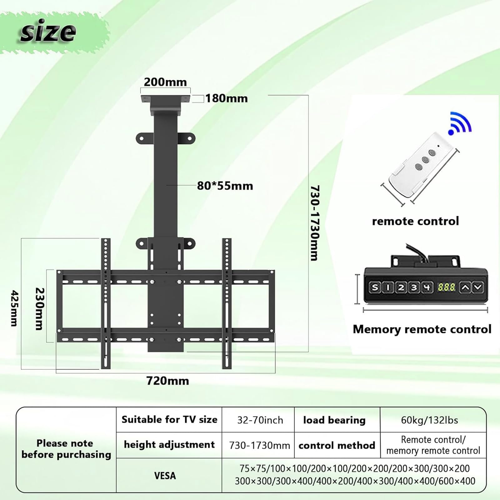 Supporto da soffitto per TV elettrico, regolabile, telescopico, con telecomando Smart Memory, adatto per TV da 32 a 70 pollici, supporta fino a 60 kg, facile installazione, perfetto per Home Theater