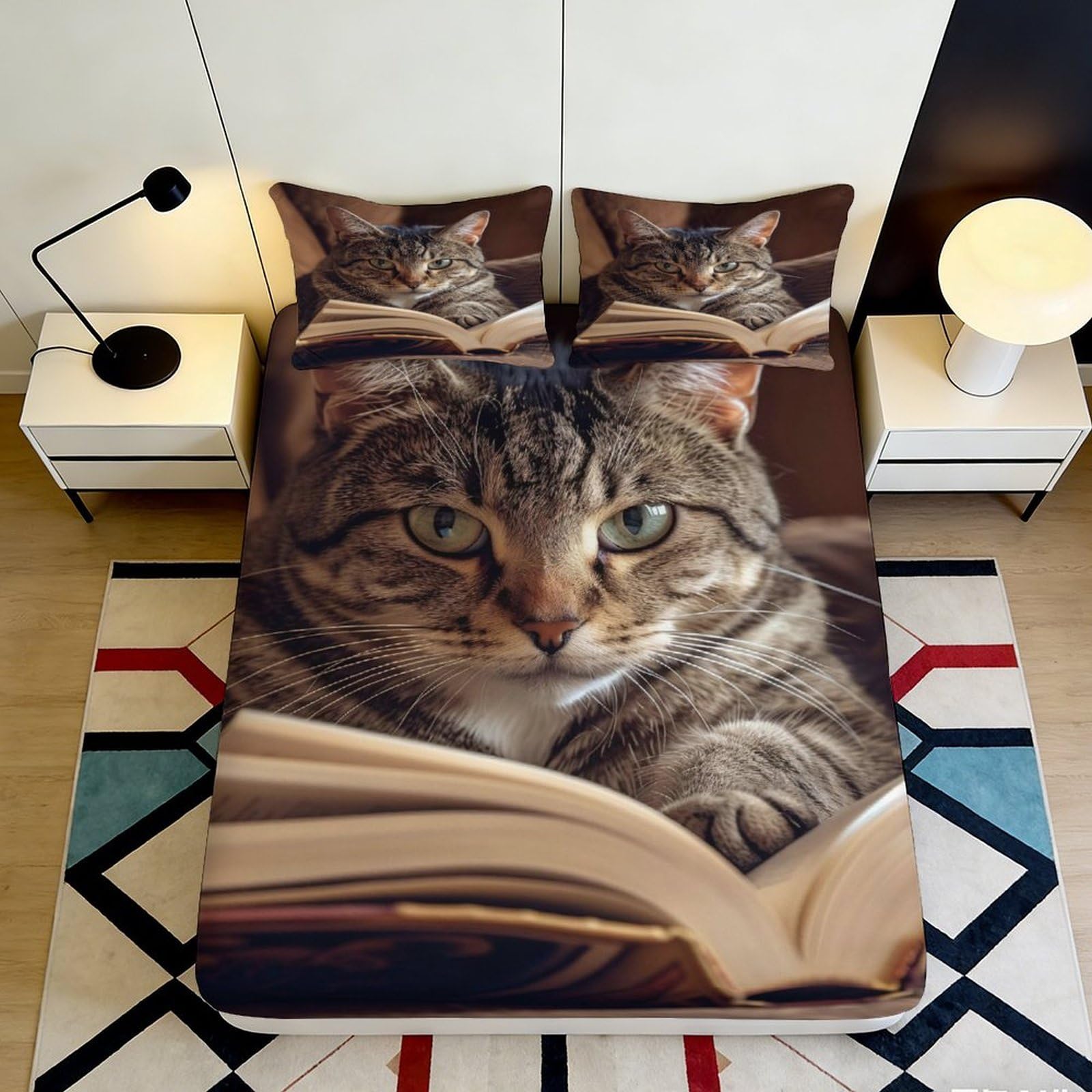 3D Printed Cat Pattern Microfiber Deep Pocket Fitted Sheet Bedroom Bedding Cat Mattress Fitted Cover Non-Slip Machine Washable Protection 90x200x25cm
