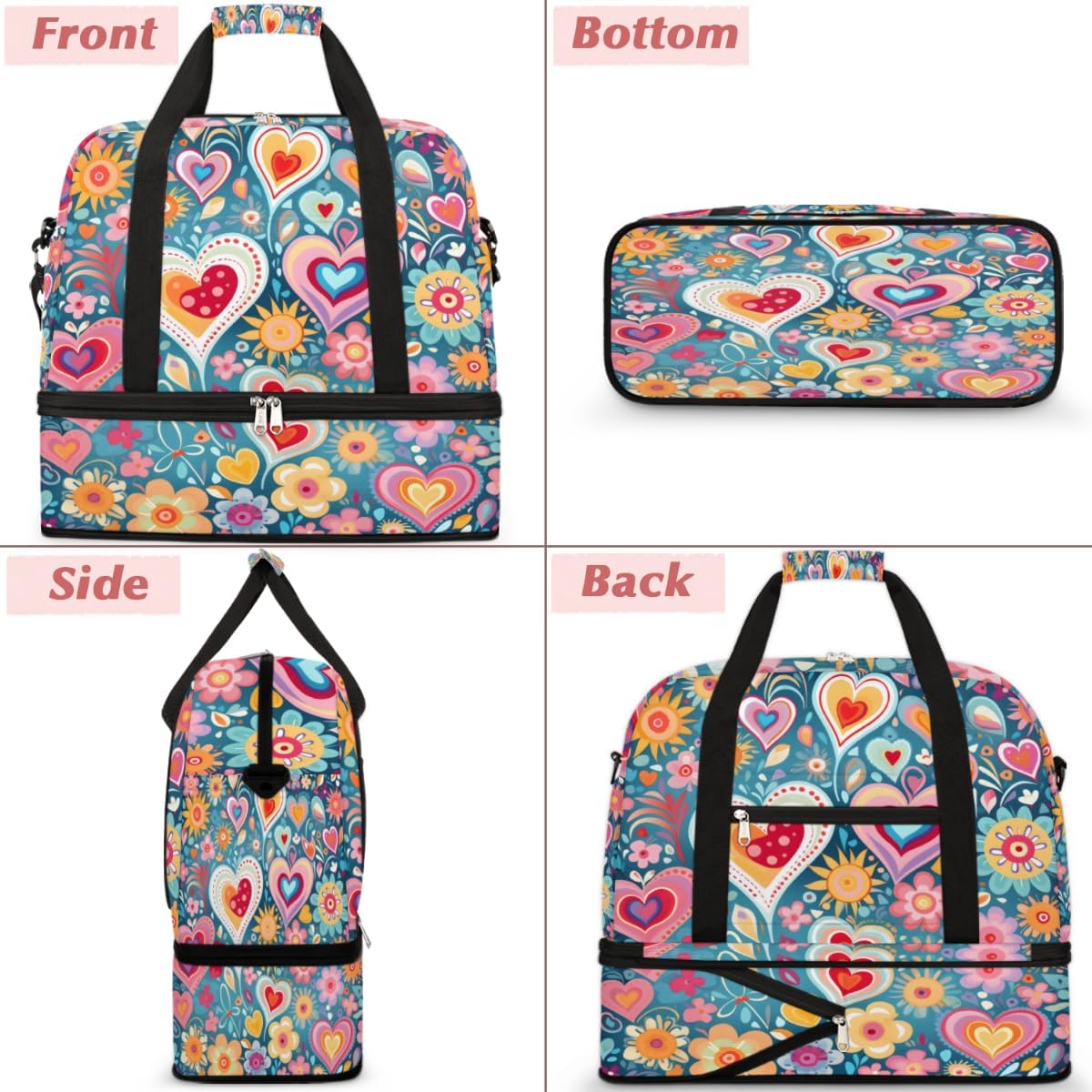 QsirBC Love Theme Decor Gym Bag for Women Duffle Tote with Shoes Compartment Men Weekender Duffel for Dance Travel Sports Swimming Overnight