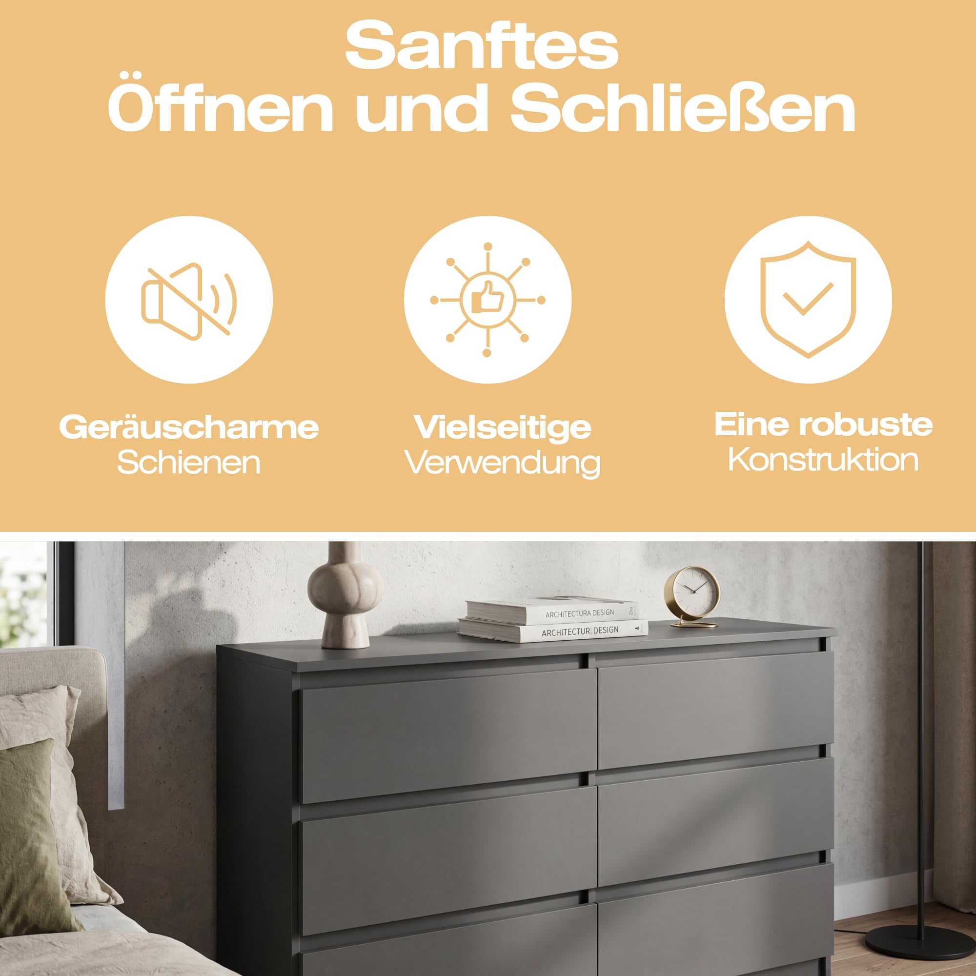 Kommode mit 6 Schubladen 120 cm Ideal für Wohnzimmer, Schlafzimmer, Kinderzimmer, Jugendzimmer und Büro Moderne Elegante Lösung für stilvolle Aufbewahrung (Anthrazit)
