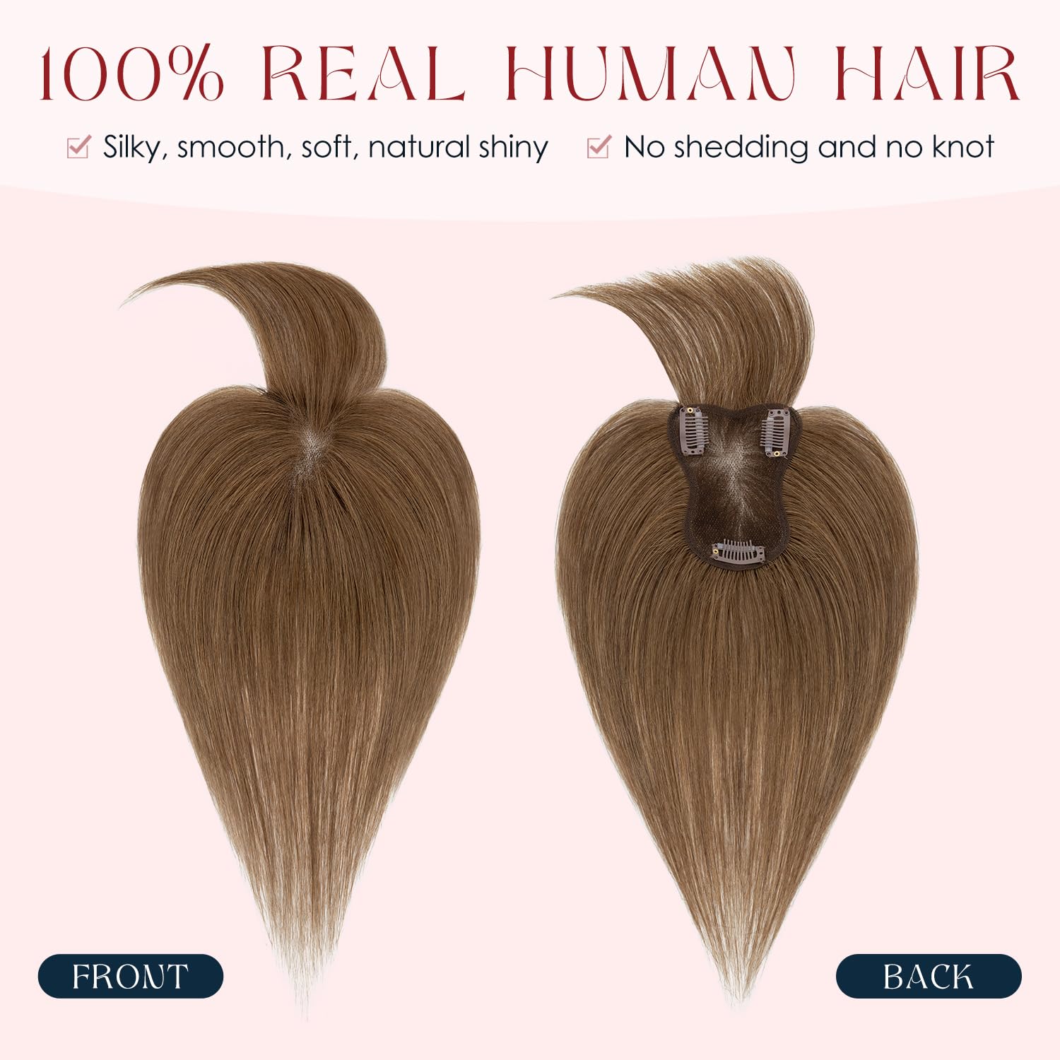 Human Hair Topper with Bangs for Women, 360° Cover Clip in Fringe Bangs Hair Toppers Hair Piece Medium Brown-3.15x4.33 Hand-tied Base (Medium Brown)