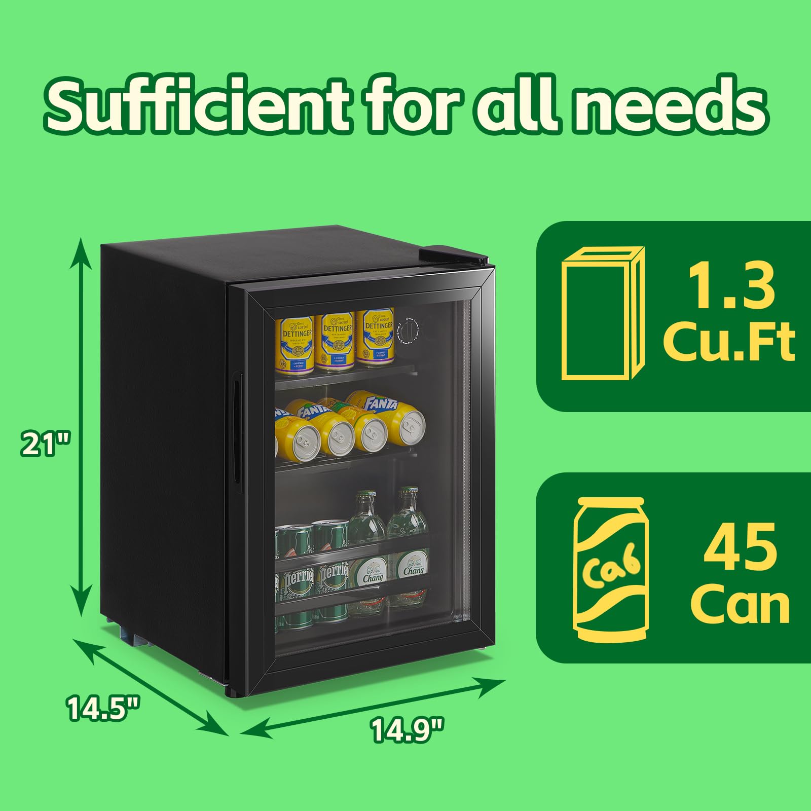 WANAI Small Beverage Refrigerator Cooler 1.3 Cu.Ft, 45 Can Black Mini Small Fridge with Glass Door Adjustable Shelves for Soda Beer Wine, Suitable for Bedroom Bar Office on Fridge.com