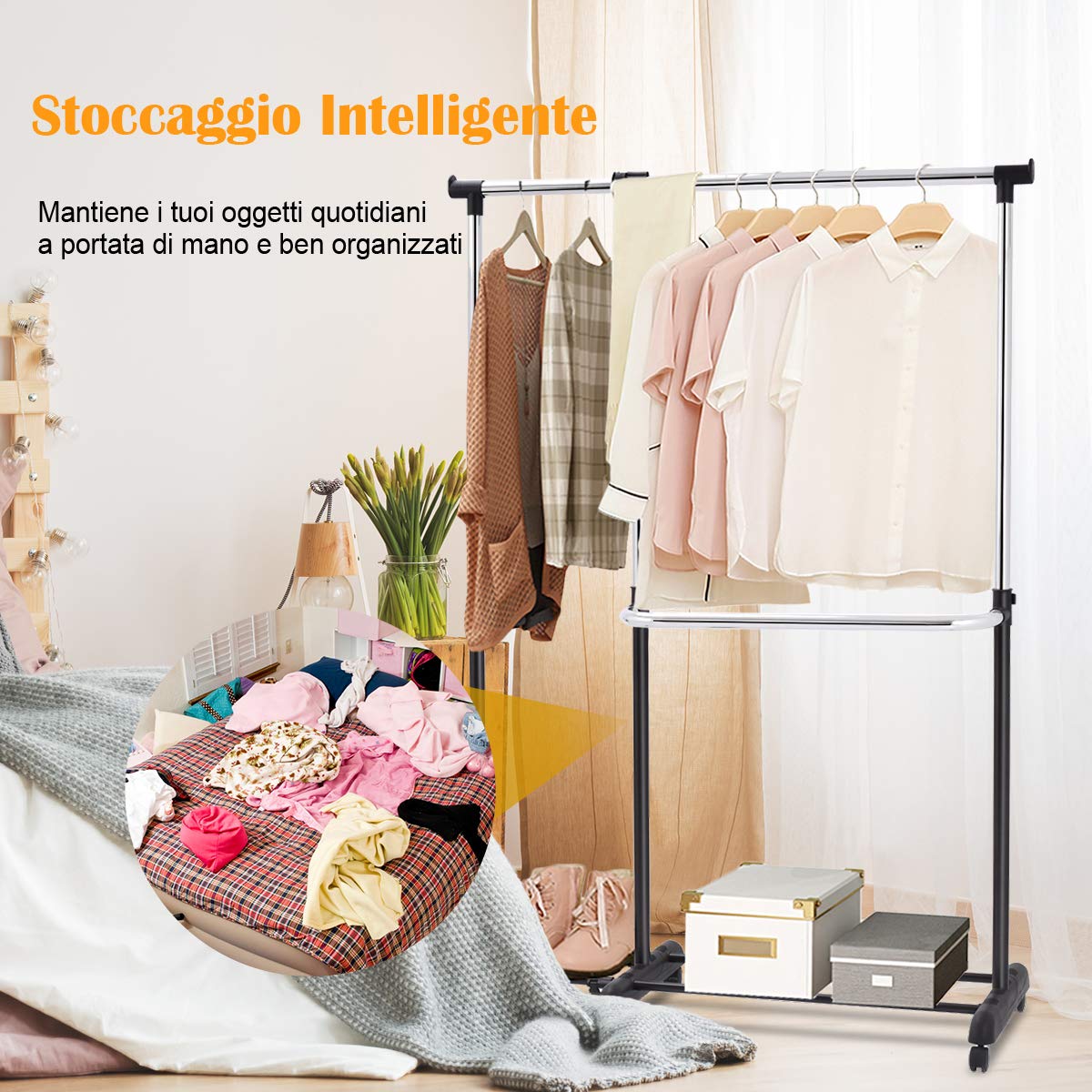 COSTWAY Stand Appendiabiti Attaccapanni da Terra, Porta Abiti con Ruote, in Acciaio, Design Regolabile e Salvaspazio, (91-160) x 43 x (93-168) cm, Nero