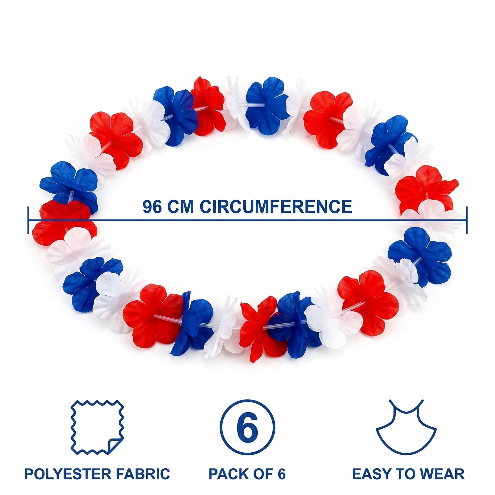 Lot de 6 Colliers Hawaïens Bleu Blanc Rouge, accessoire supporter France pour matchs de football, collier de fleurs en polyester 96cm pour adultes et enfants, idéal pour fêtes