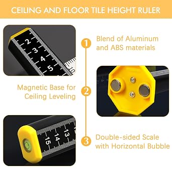 2Pcs Ceiling and Floor Tile Ruler - Leveling Ruler with Magnetic Base, Gradienter Horizontals Line Leveling Tool (Black)