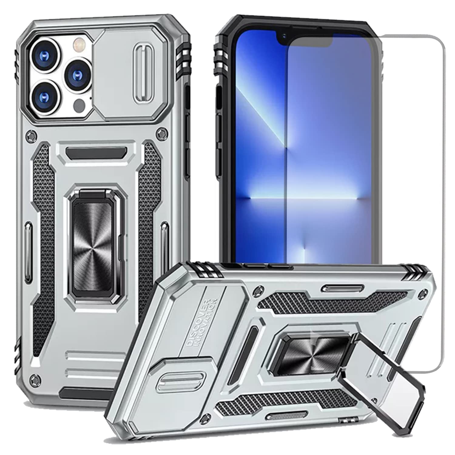 STORE MANIA iPhone 14 Case with Camera Slide Cover, Kick Stand, Magnetic Metal Plate, Heavy duty Case, Shock Absorption, Anti-Scratch Cover with Tempered Glass Screen Protector. (Iphone 14 Grey)