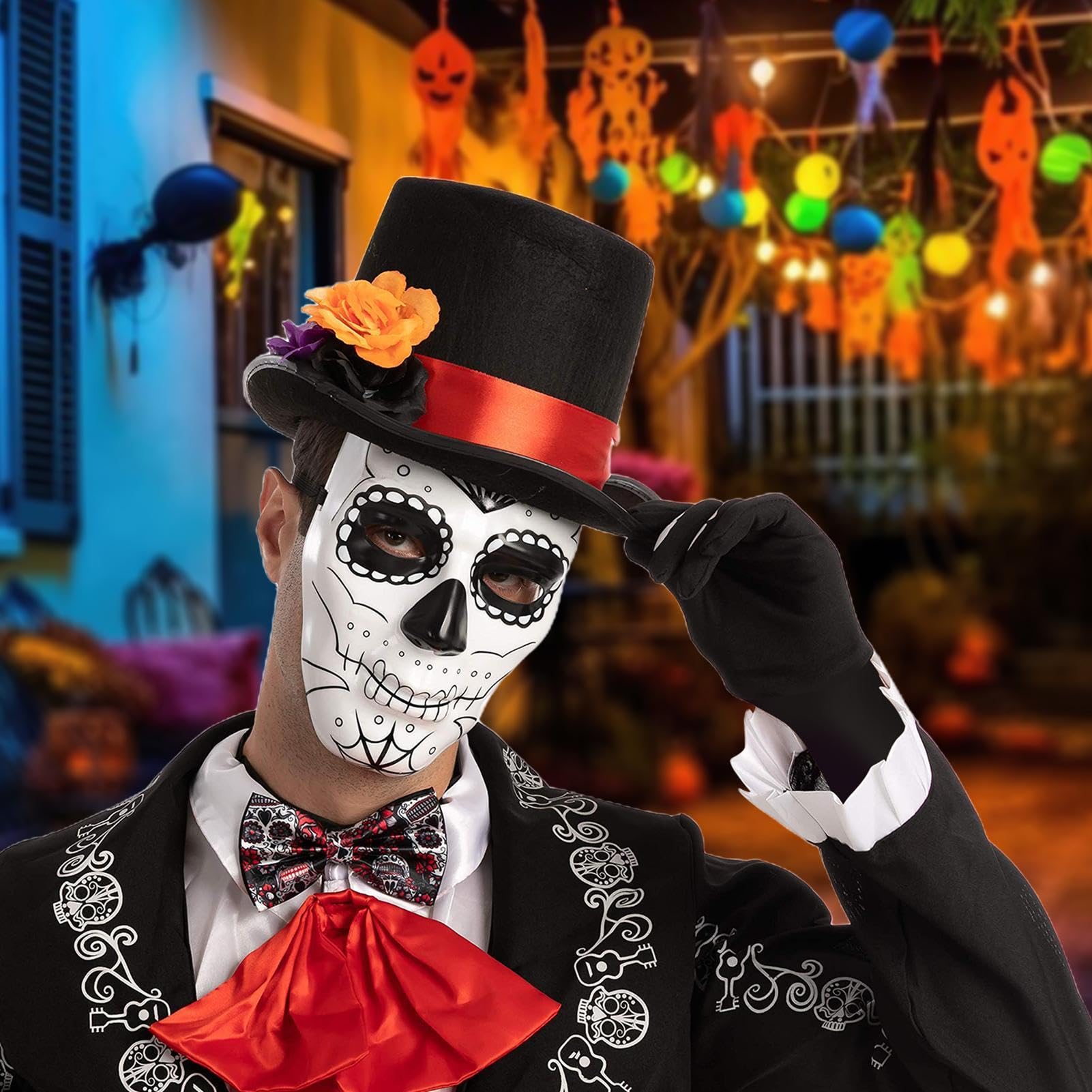 Day of the Dead Custome Scary Adjustable Cosplay Outfit with Floral Hat