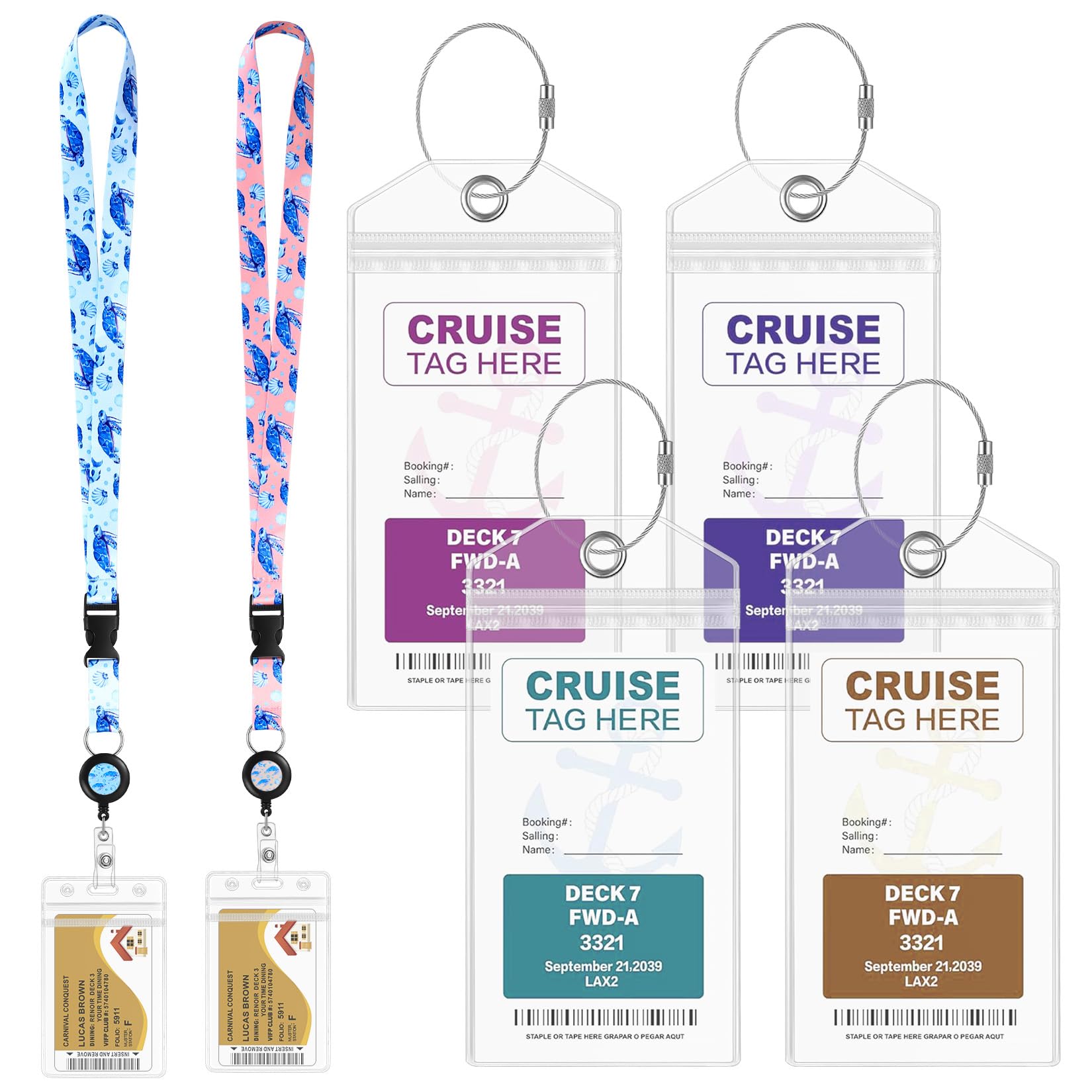 Carnival Princess Cruise Lanyards (2 pcs) with 4 Luggage Tag Holders Clear Seapass for Holland America NCL MSC Norweigan