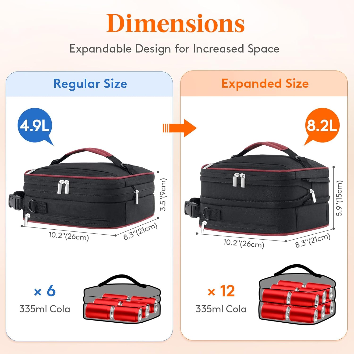 Lifewit Insulated Lunch Box for Men, Expandable Cooler Bag, Freezable Lunch Bag for Women with 2 Ice Packs and Shoulder Straps for Work Travel College, 8.2L Black and Red - Image 4