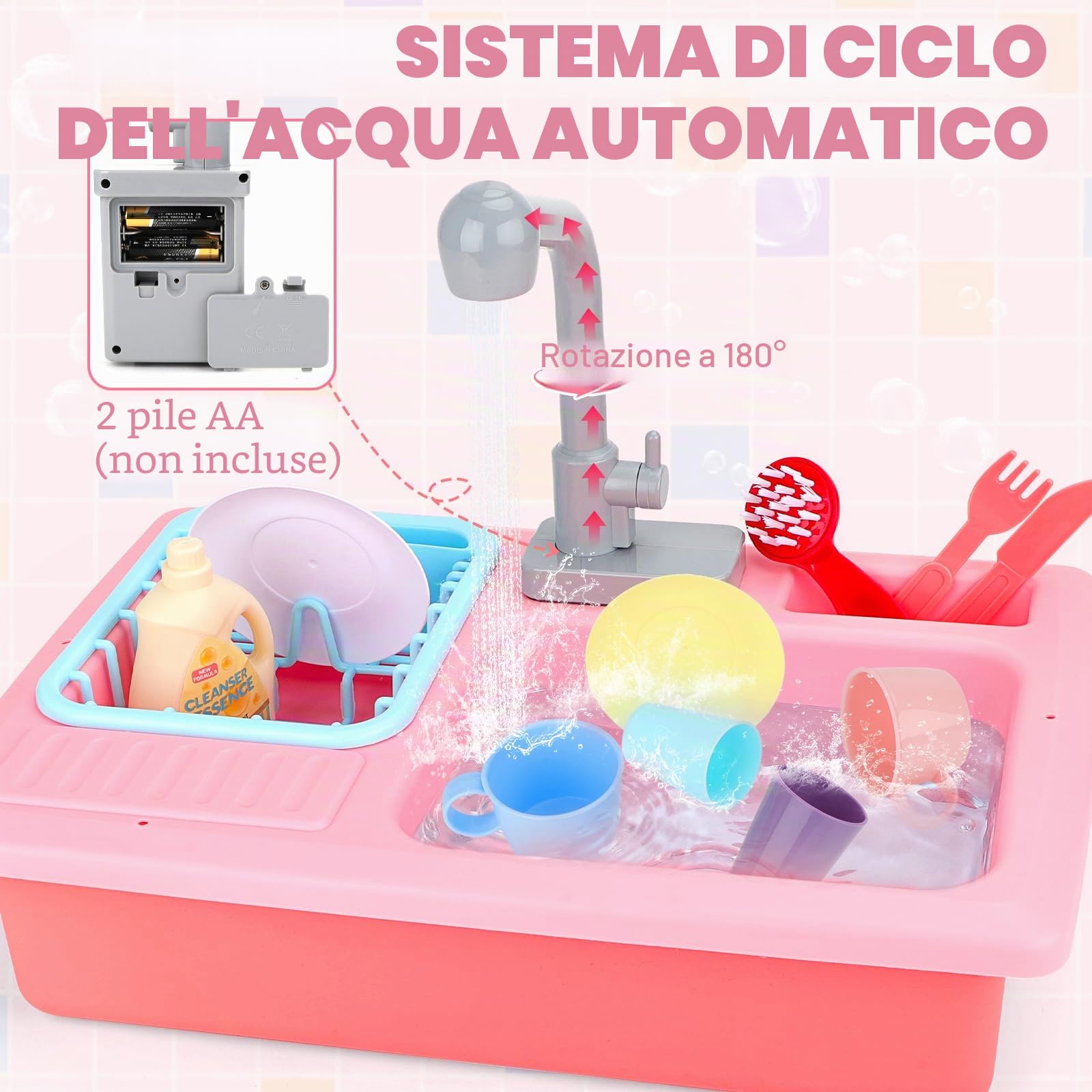 deAO Lavello da Cucina Gioco di Ruoli con Simulatore di Acqua Elettrico e Accessori (Rosa)
