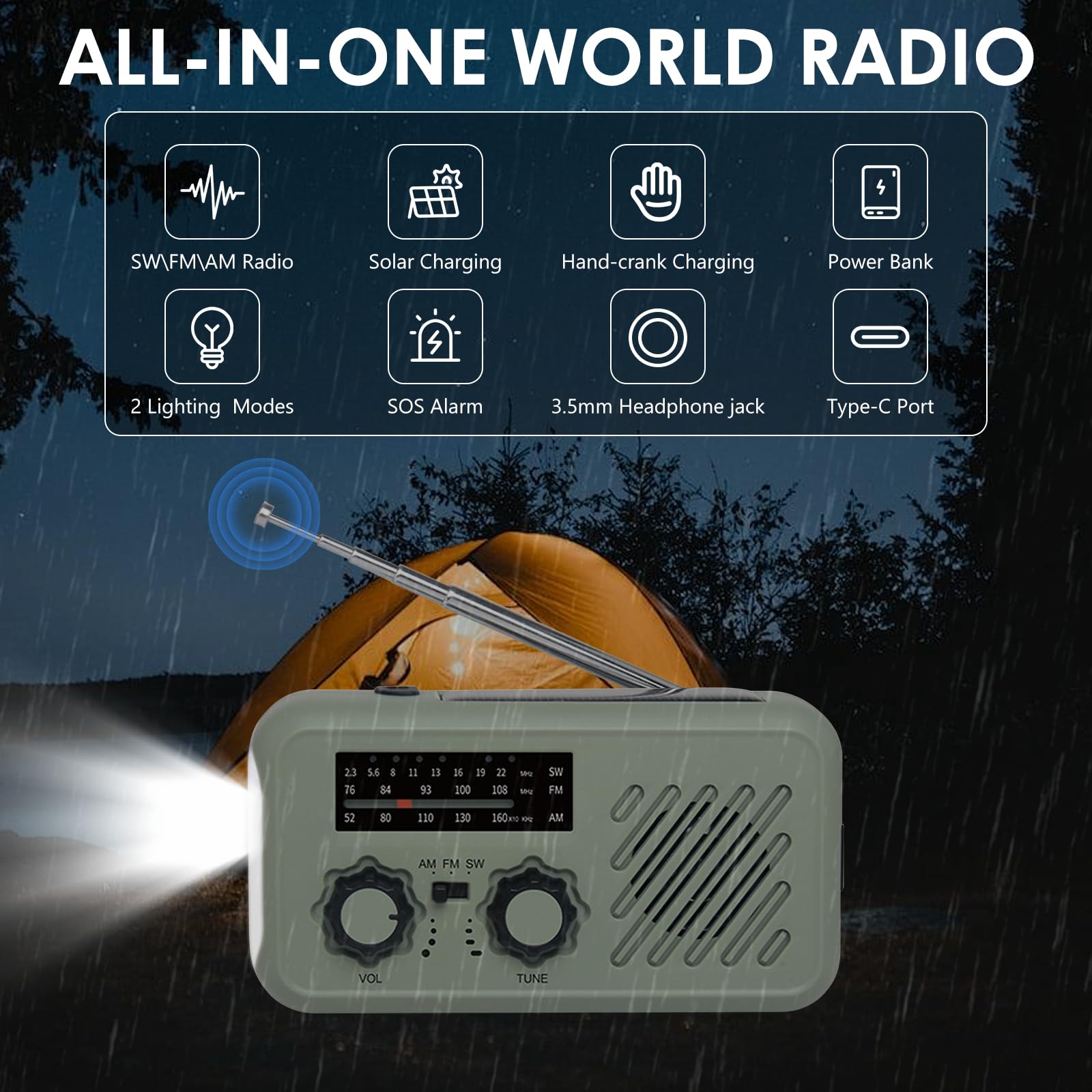 Radio de Emergencia Portátil, FM/Am Emergency Radio con Solar Recargable Radios de Dinamo con Manivela, SOS Allarme, Powerbank, Radios Solare Kit di Emergenza Dinamo per Campeggio, Ourdoor