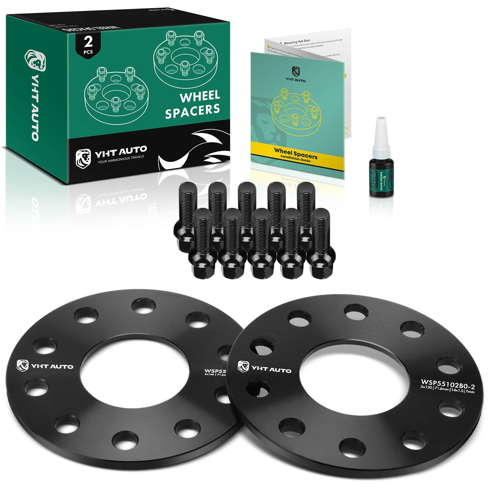 YHTAUTO 5x130mm Wheel Spacers 7mm Compatible with Touareg, Q7, Cayenne, Boxster, Panamera, Cayman, 911, 928, 944, 968 5 Lug Tire Spacers w/ 1/2" x 20 & 12.9 Grade Studs, 71.6mm Hub Bore 2PCS Black