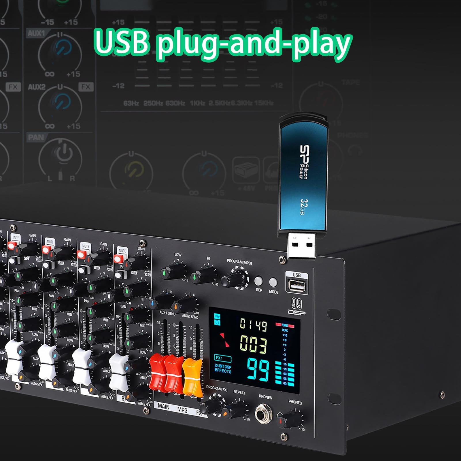 Mezclador estéreo profesional de montaje en rack con procesador de efectos digitales, 99 efectos, alimentación fantasma de 48 V para grabación de estudio