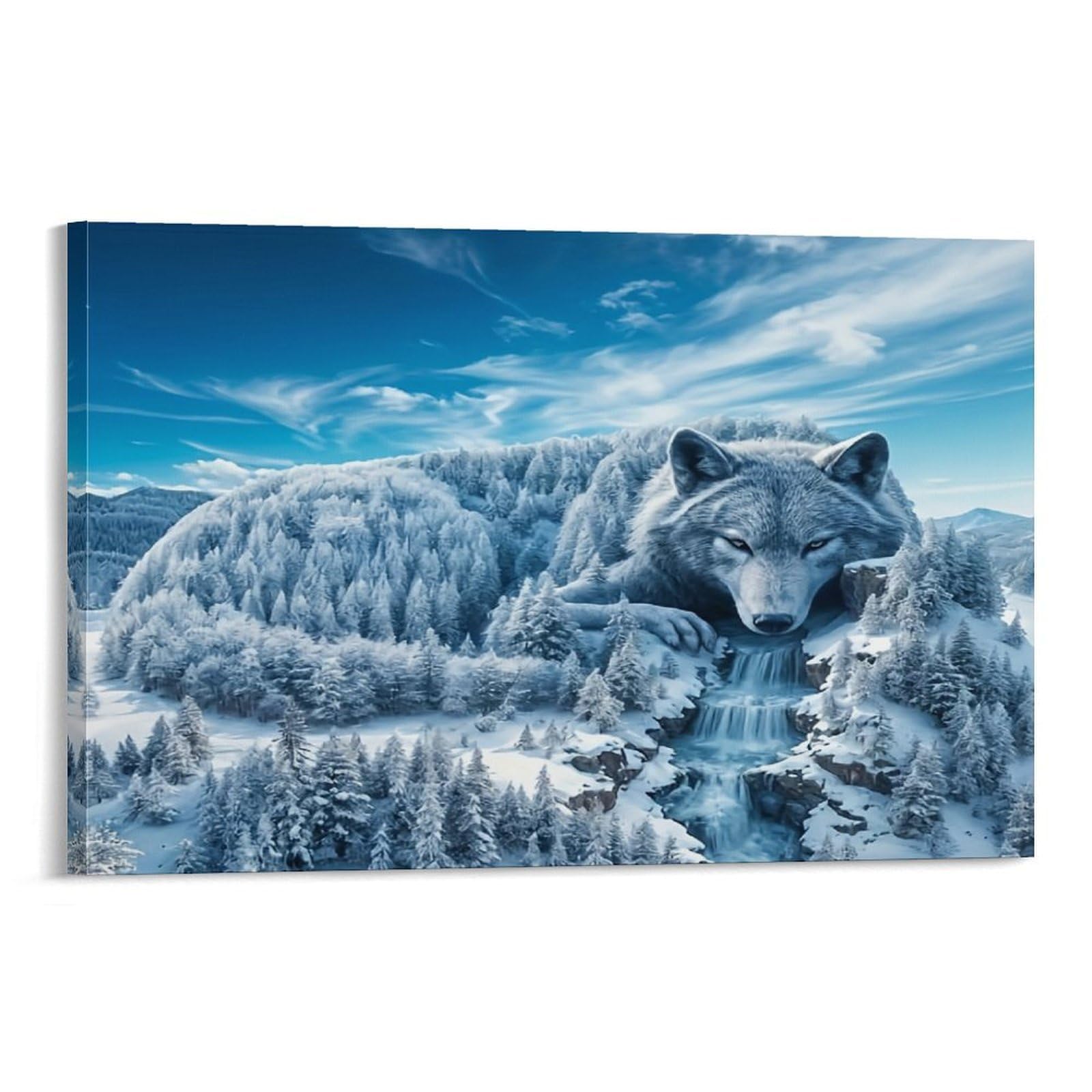 CPLVKWRQJ Snowy Wolf Mountain Single Frost Coated Wolf Lying Snowy Pine Ridge Canvas Print - Office Wall Focal Art Fade Resistant Statement Piece Ready to Hang 20x30inch(50x75cm)