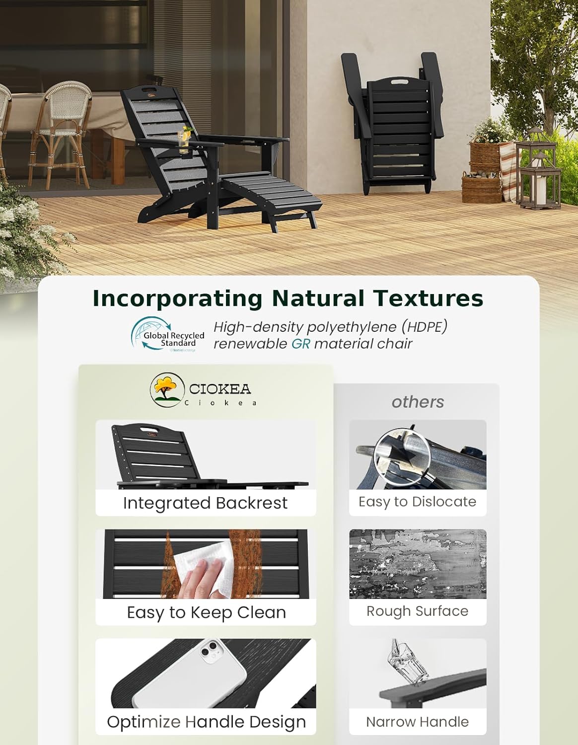 Ciokea Folding Adirondack Chair with Retractable Ottoman, HDPE Fire Pit Chairs with Pull Out Footrest, All Weather Resistant Outdoor Patio Chair with 2 Cup Holders for Lawn, Garden, Backyard (Black)