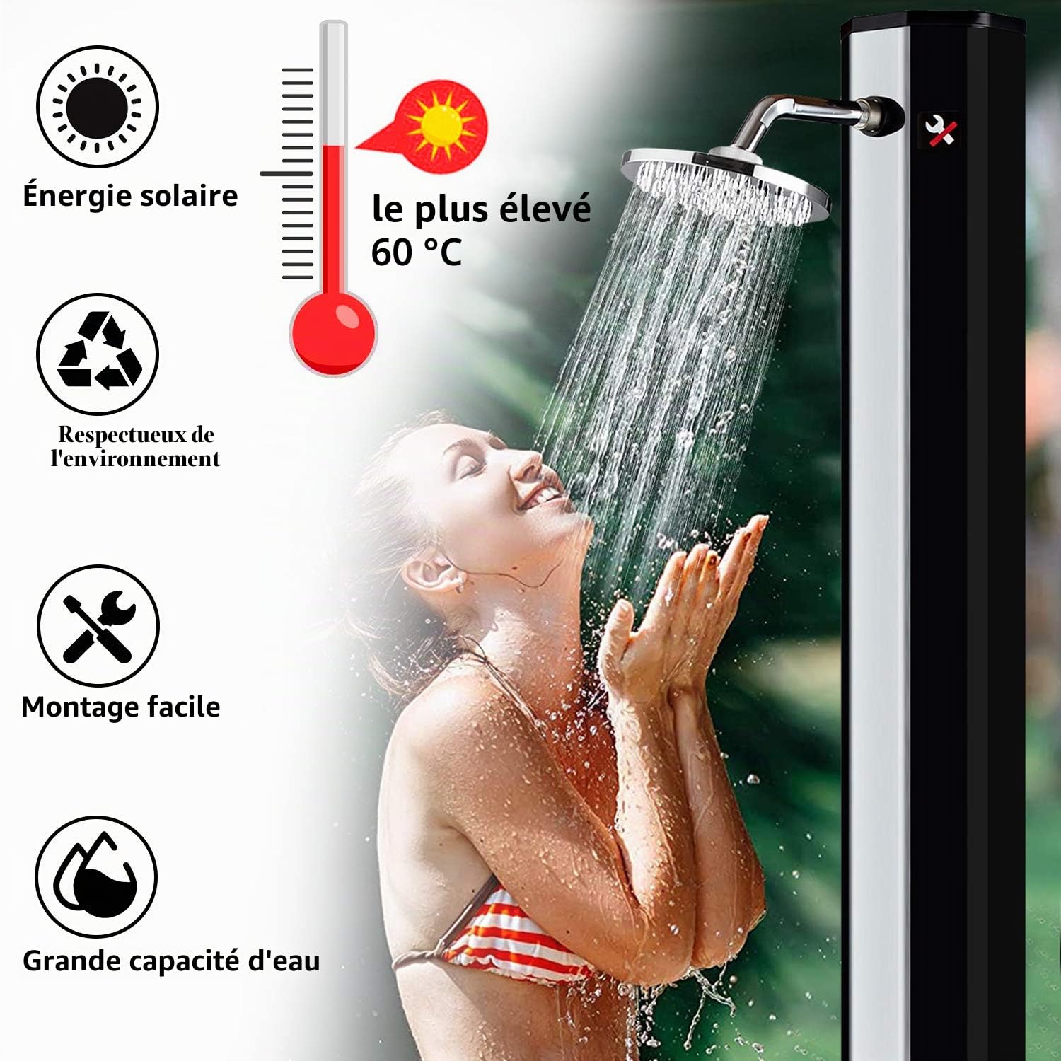 LZQ Douche Solaire 35 l - Douche Solaire - Douche de Jardin - Douche de Piscine extérieure - Eau Chaude Max. 60 °C - avec pommeau de Douche et Robinet - Douche sans Alimentation - Argenté/Noir