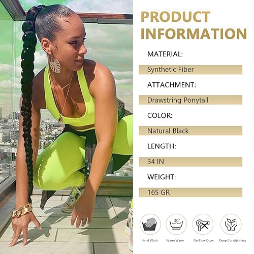 Miniatura 2 de WIGER Cola de caballo larga trenzada para mujeres negras de 34 pulgadas con cordón de ajuste, cola de caballo Yaki recta con clip, extensiones de