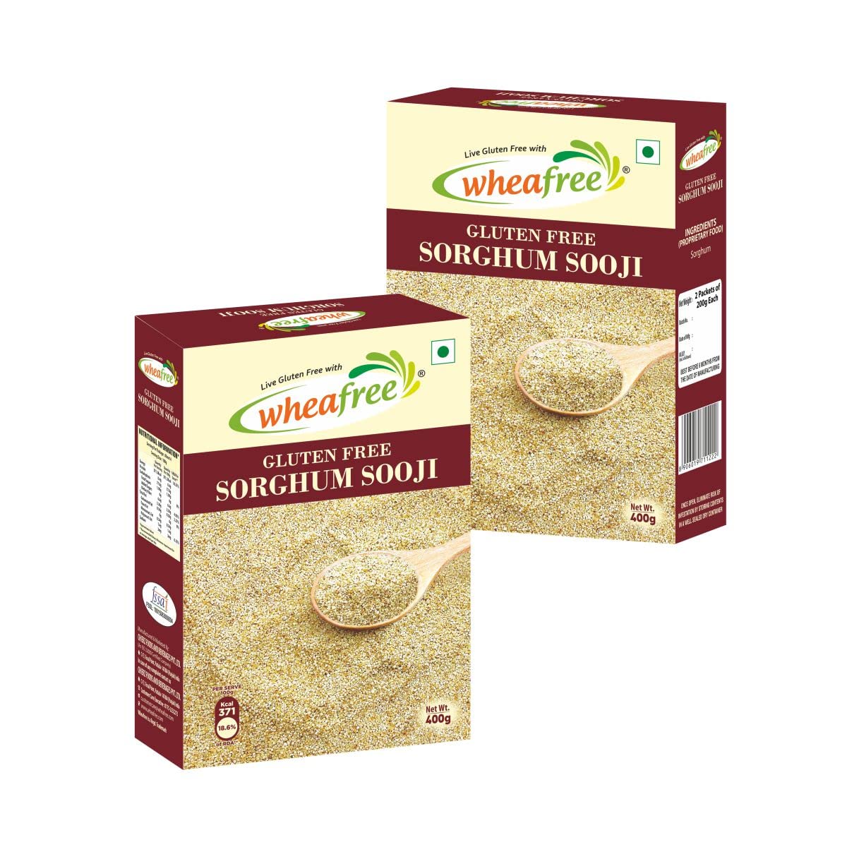 Wheafree Gluten Free Sorghum Sooji (Pack of 2 x 400g Each) | Rich in Vitamins, Iron, Minerals & Micronutrients | Rich in Fiber and Protein | Diabetic Friendly