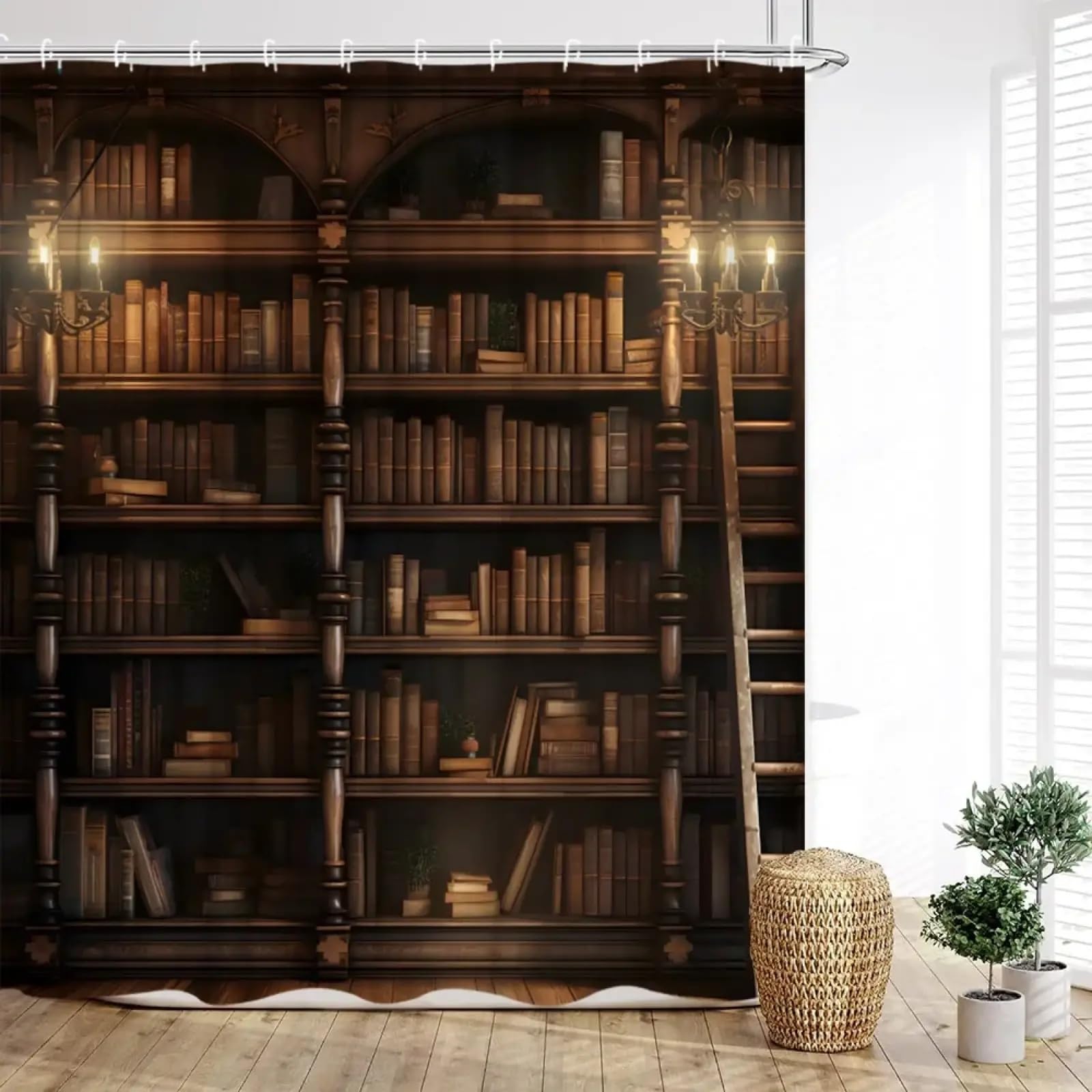 Rideau de douche chic imprimé échelle de grenier et livres anciens de haute qualité 136x200cm