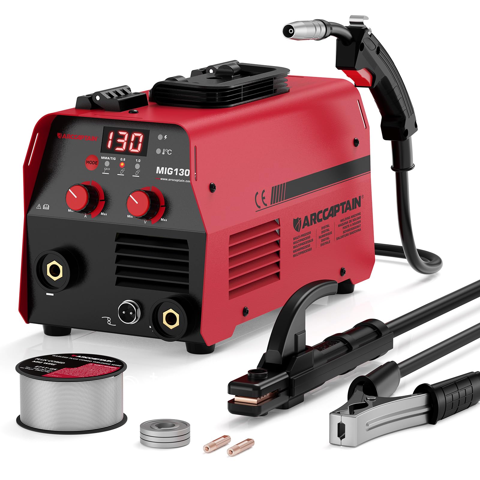 Saldatrice ARCCAPTAIN MIG 130A, 3 in 1 230V, MIG/FLUX Core/Lift TIG/Elettrodo, Saldatrice Portatile Inverter IGBT con Controllo Sinergico e Filo Animato da 0,45KG