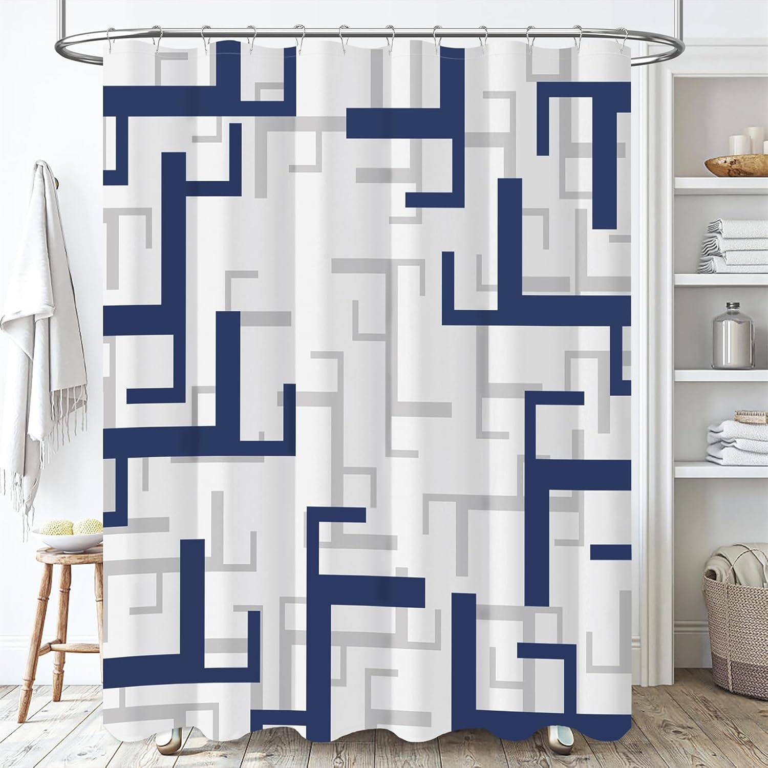 BTTN 96 Inches Extra Long Shower Curtain, 72x96 Inch Long Geometric Waterproof Fabric Shower Curtain Set with 12 Hooks, Tall Modern Abstract Neutral Cloth Shower Curtains for Bathroom, Black and White