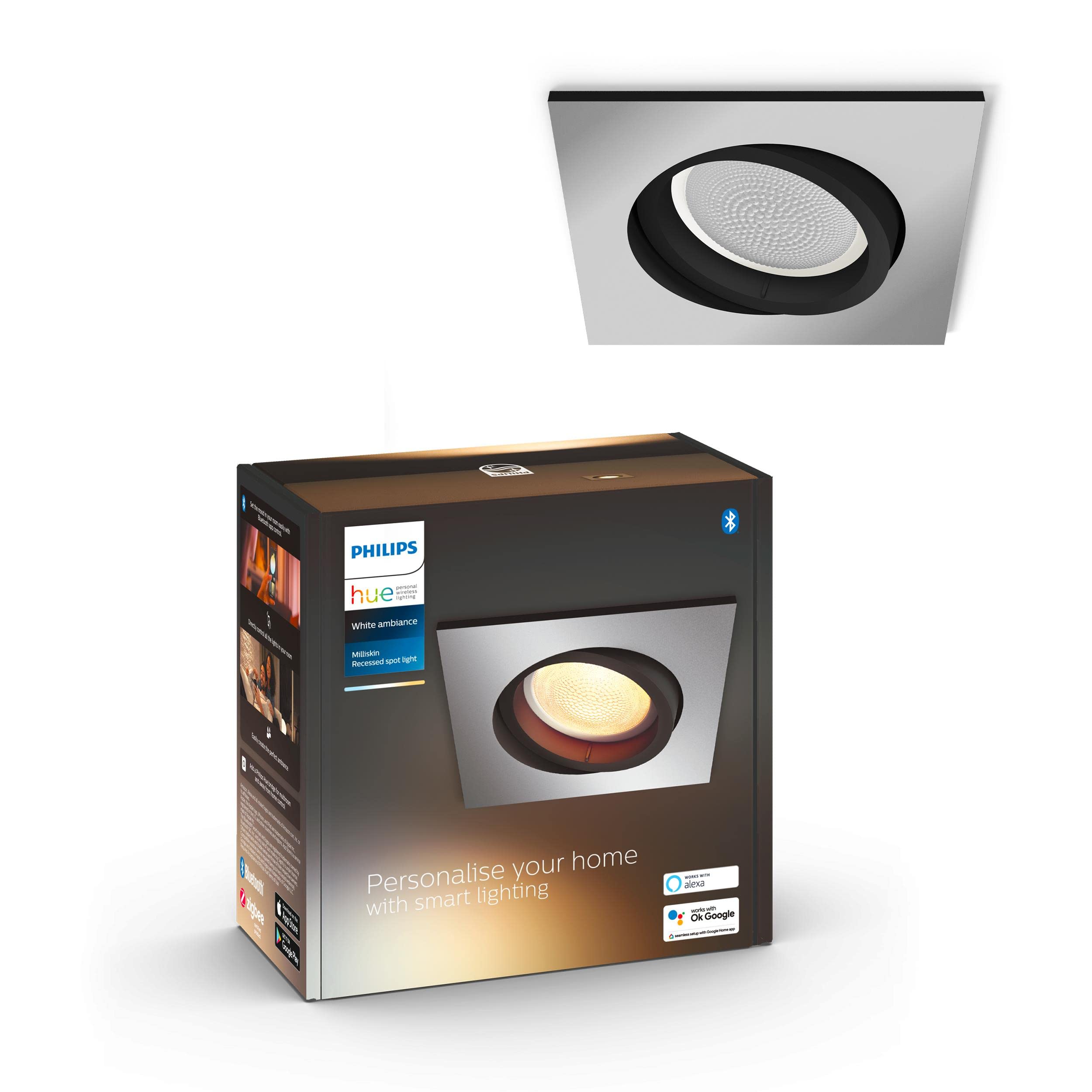 Philips Hue Milliskin White Ambiance Recessed Spotlight Extension [Square - Silver] with Bluetooth, Works with Alexa, Google Assistant and Apple Homekit, Aluminium