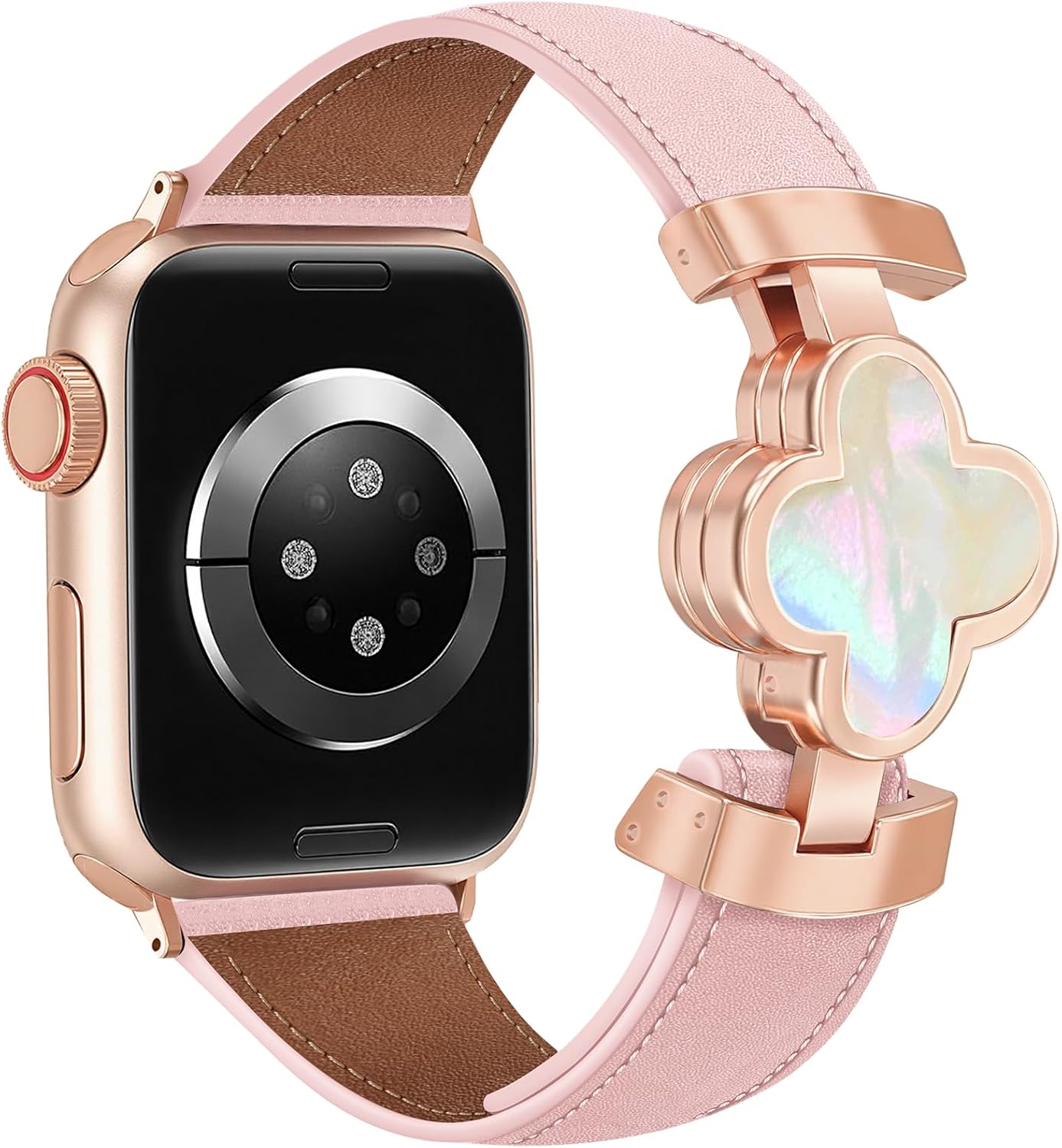 MOINSPIRE Designer Slim Leather Bands for Women,Lucky Four-Leaf Clover Cute Dressy Magnetic Watch Bands for iwatch Compatible with Apple Watch Series 11/10/9/8/7/6/5/4/3/2/1 SE 1/2/3 Ultra 1/2/3